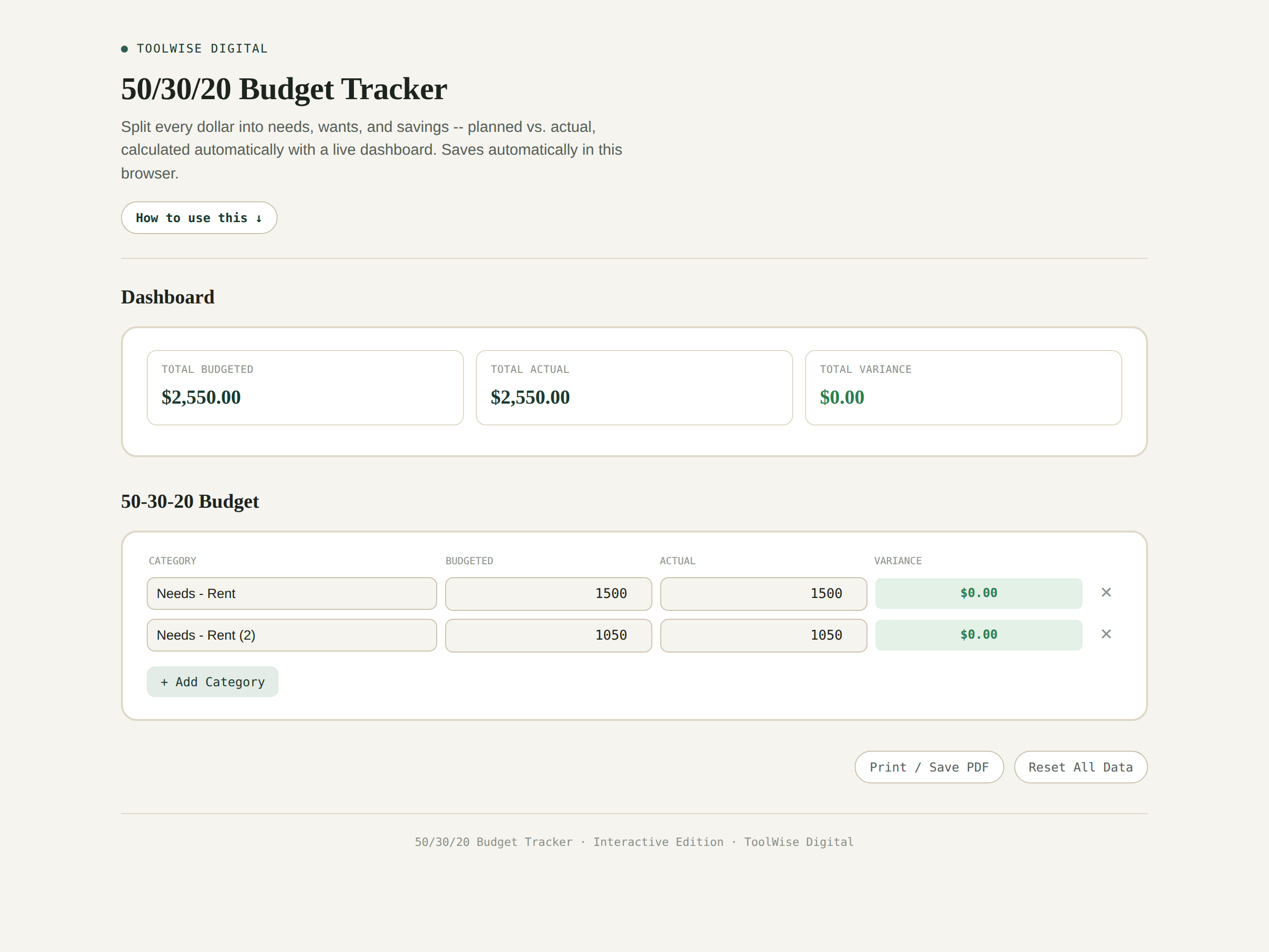 50/30/20 Budget Tracker
