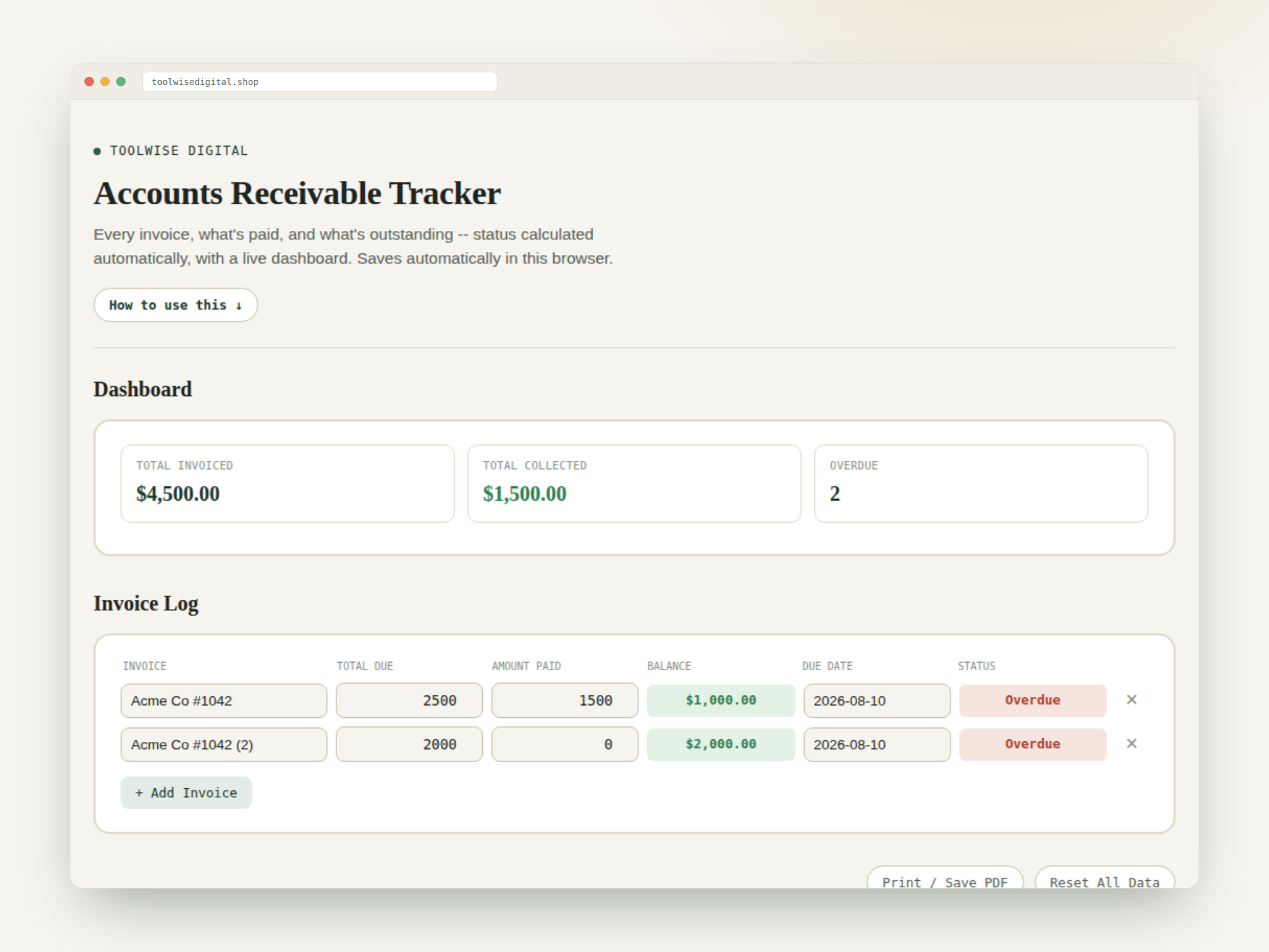 Accounts Receivable Tracker — Google Sheets & Excel spreadsheet by ToolWise Digital — view 2
