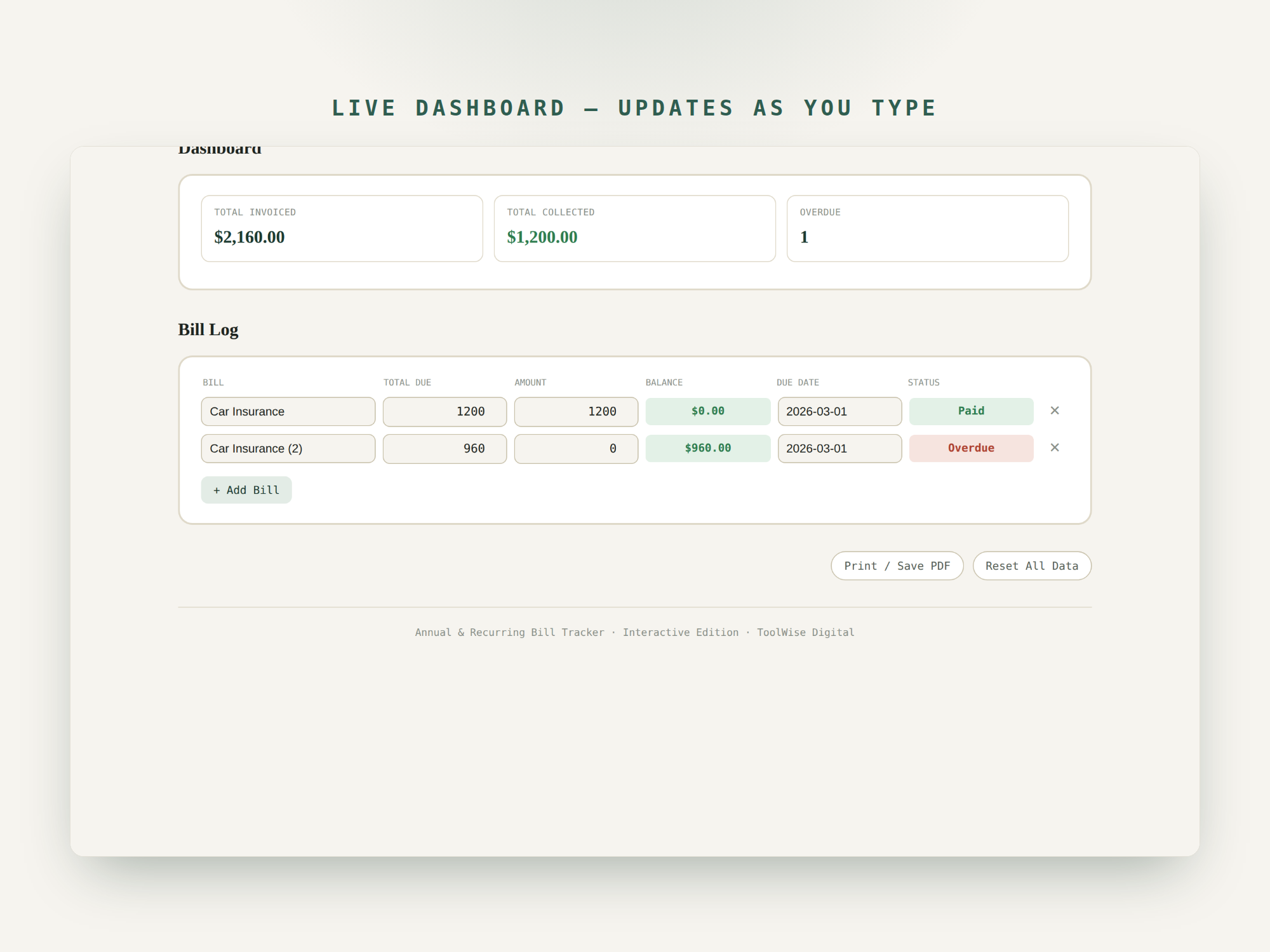 Annual Bill Tracker — Google Sheets & Excel spreadsheet by ToolWise Digital — view 7