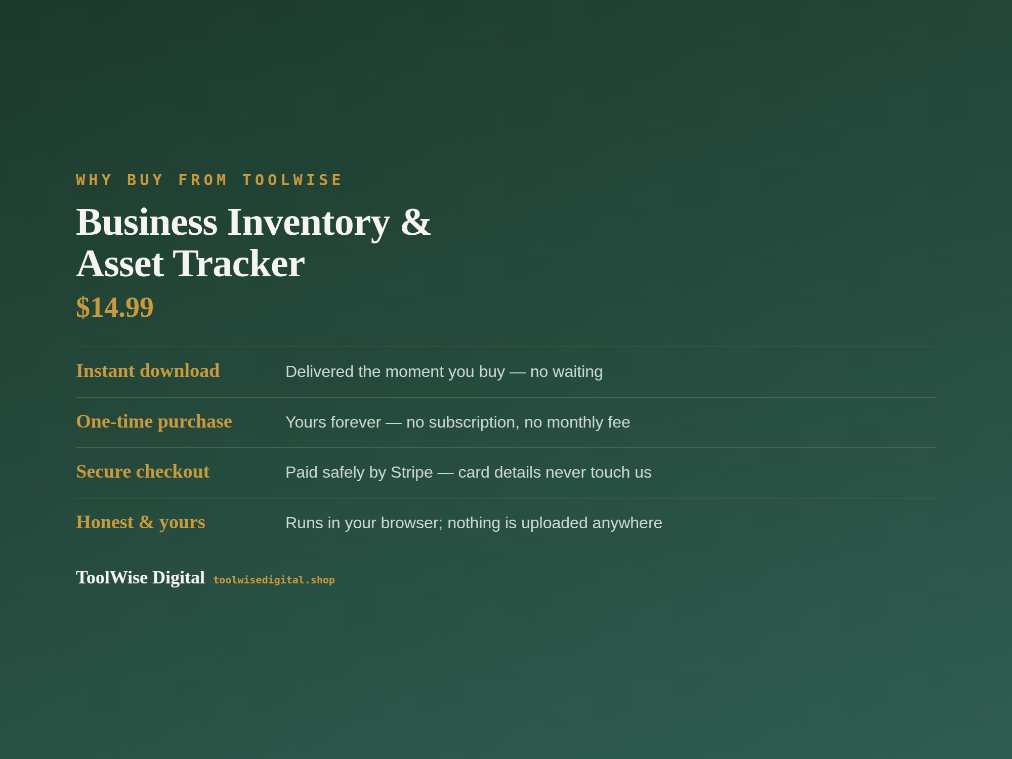 Business Inventory & Asset Tracker — Google Sheets & Excel spreadsheet by ToolWise Digital — view 8