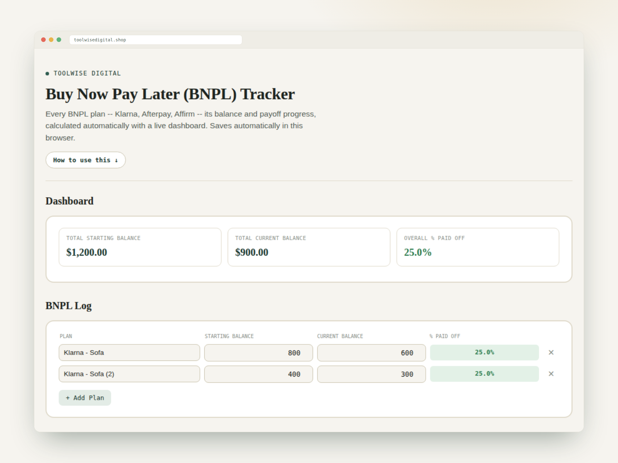 Buy Now Pay Later Tracker — Google Sheets & Excel spreadsheet by ToolWise Digital — view 2
