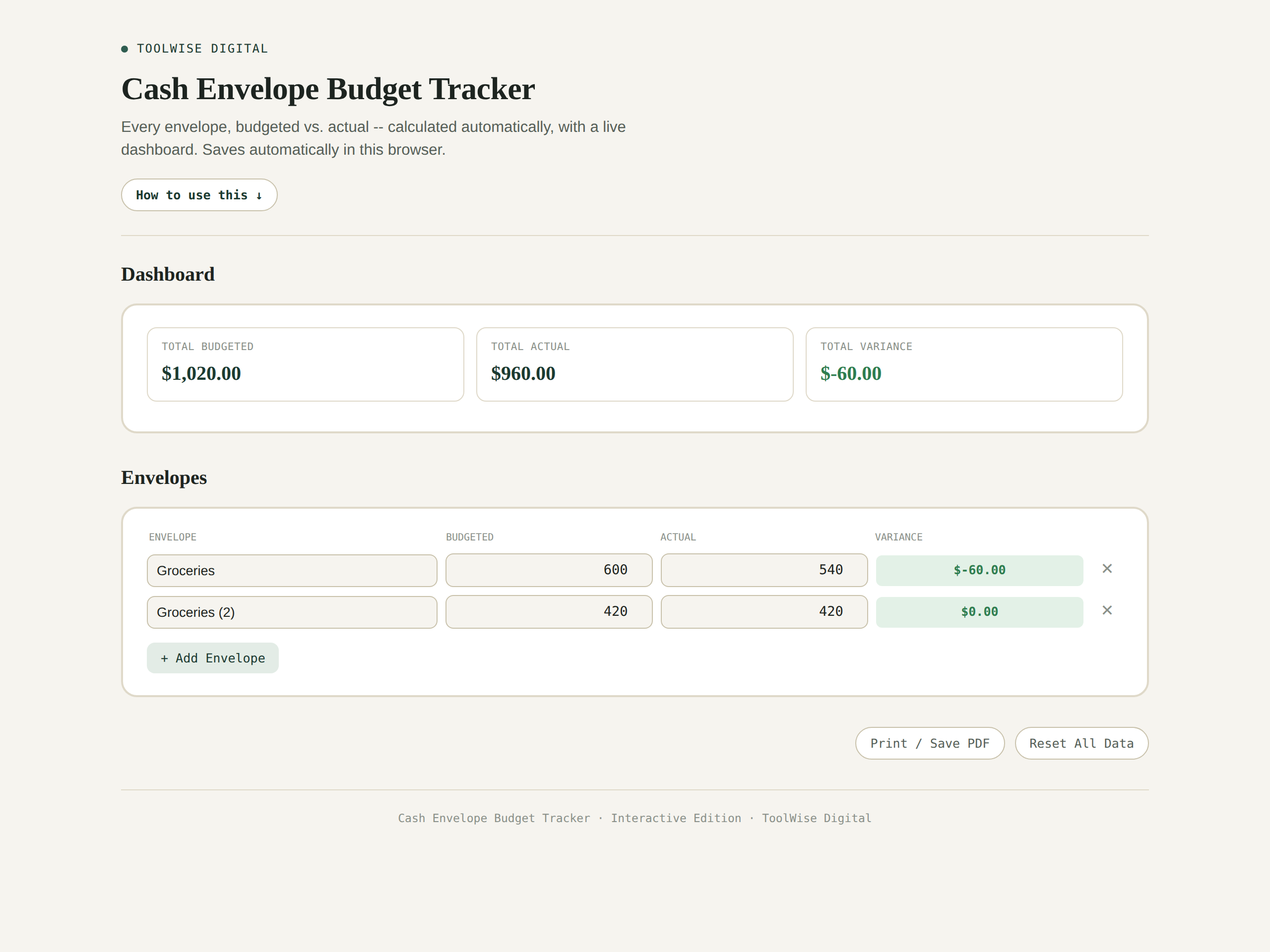 Cash Envelope Budget Tracker