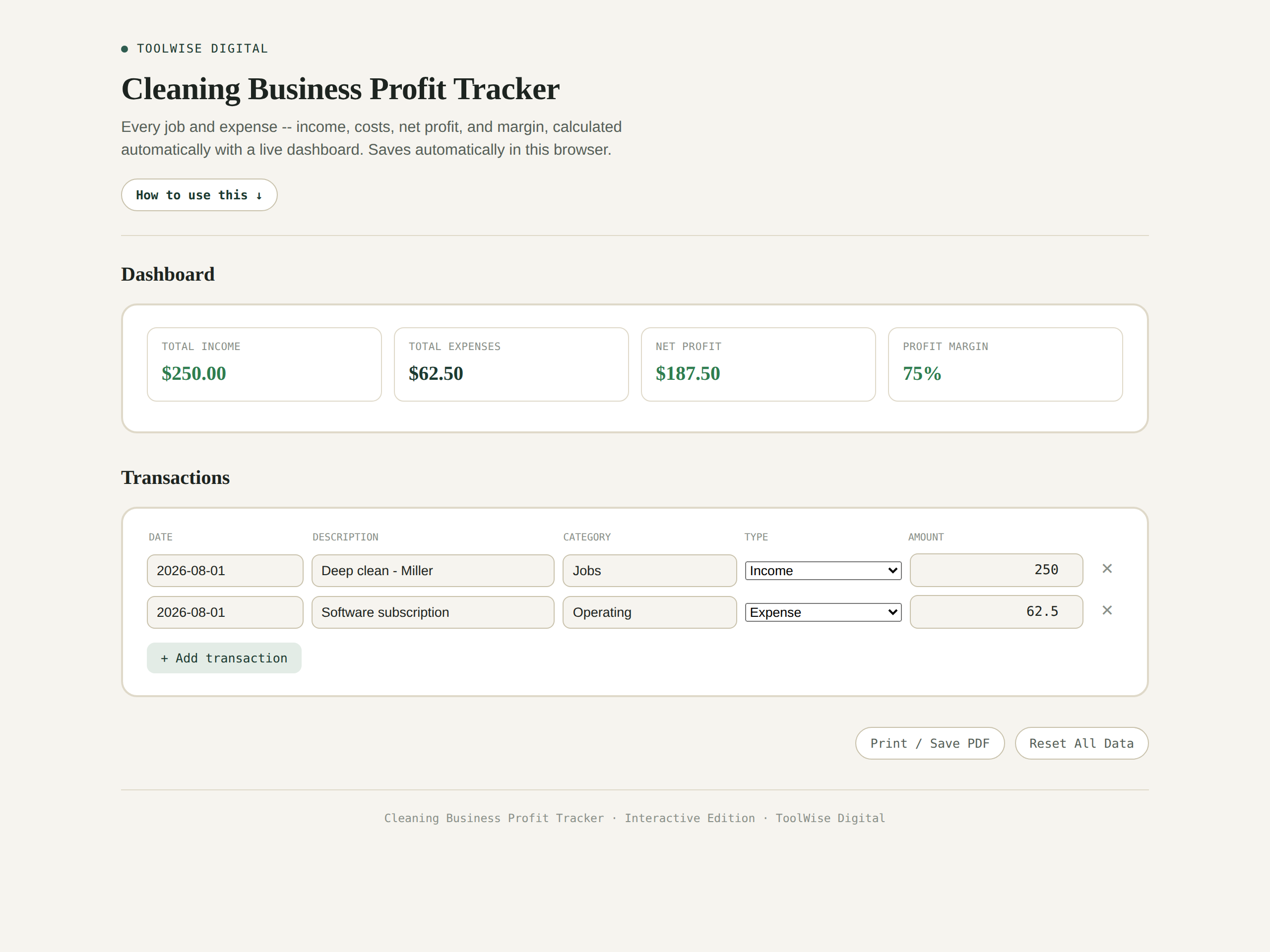 Cleaning Business Profit & Loss Tracker