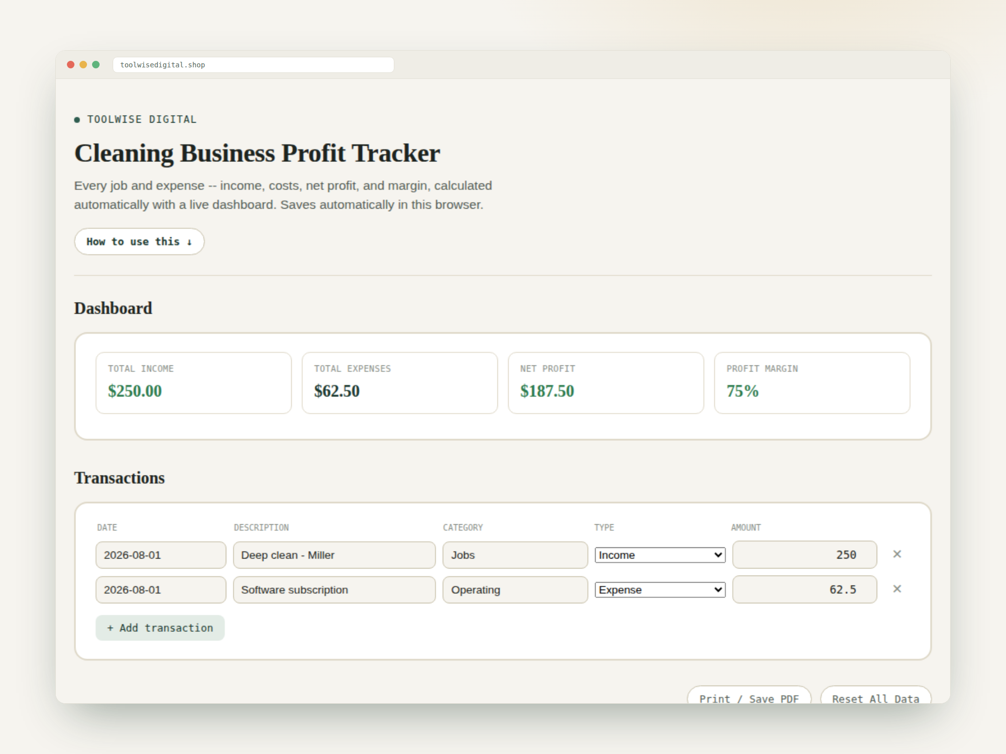 Cleaning Business Profit & Loss Tracker — Google Sheets & Excel spreadsheet by ToolWise Digital — view 2