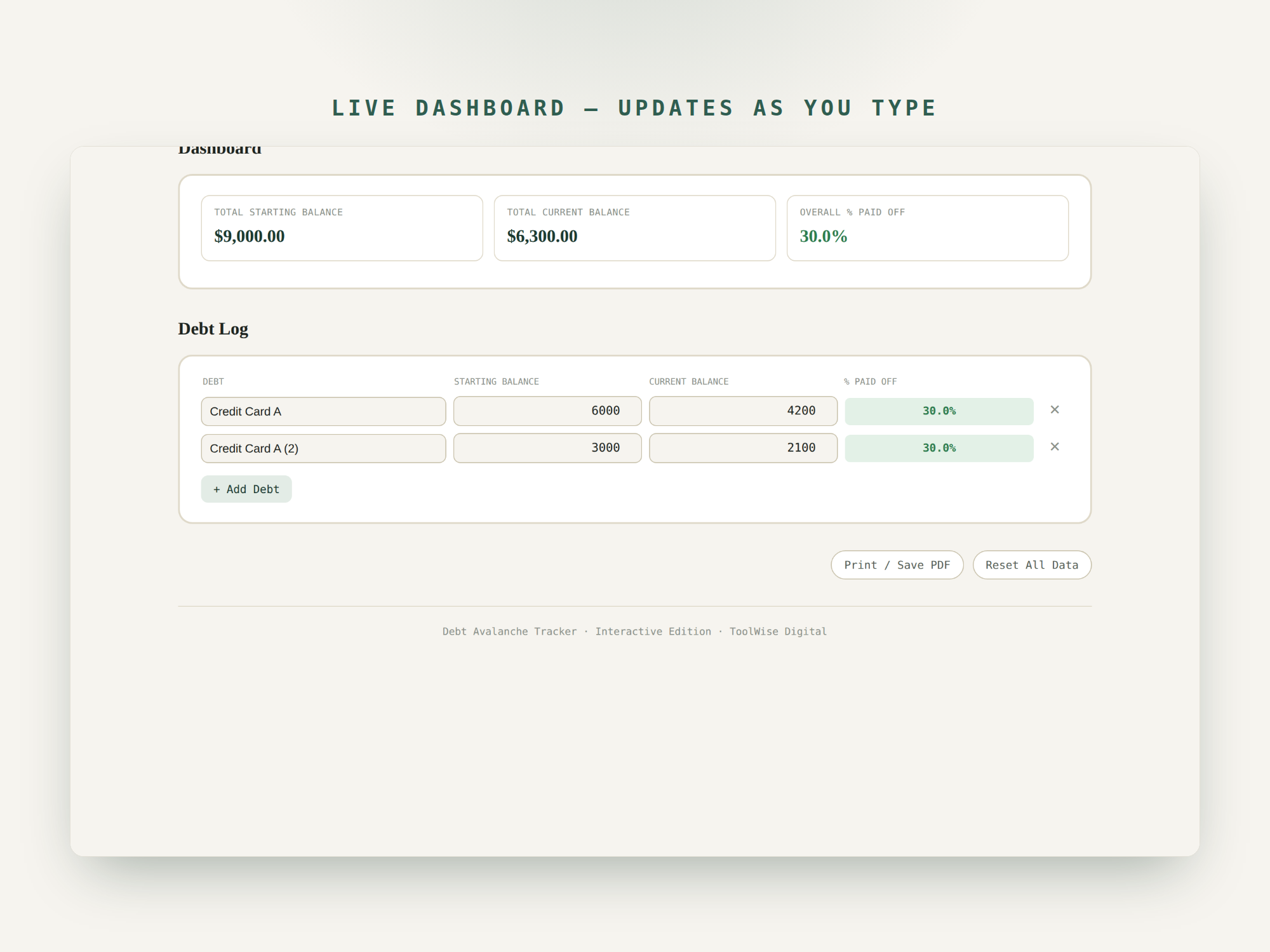 Debt Avalanche Tracker — Google Sheets & Excel spreadsheet by ToolWise Digital — view 7