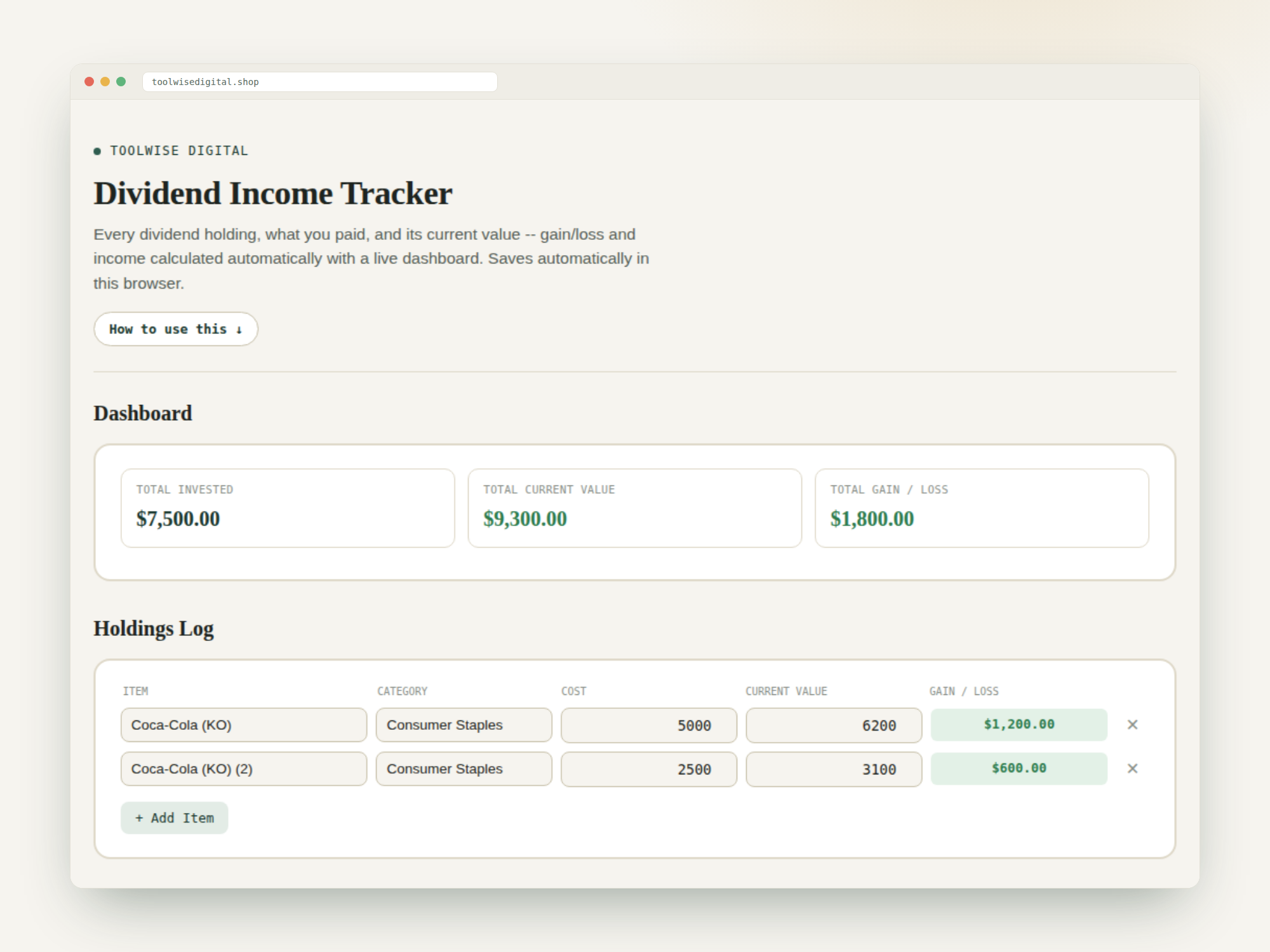 Dividend Income Tracker — Google Sheets & Excel spreadsheet by ToolWise Digital — view 2