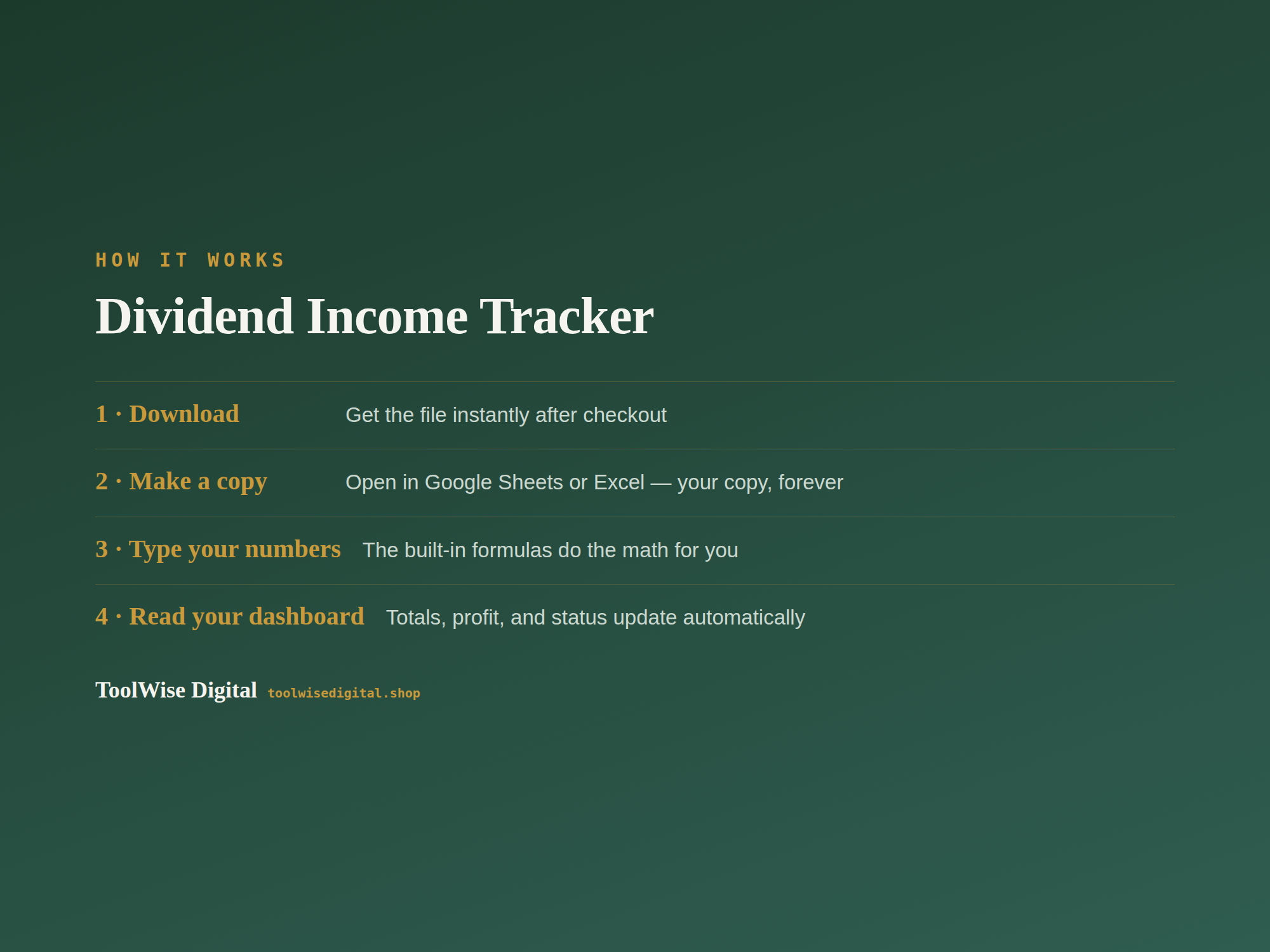 Dividend Income Tracker — Google Sheets & Excel spreadsheet by ToolWise Digital — view 5