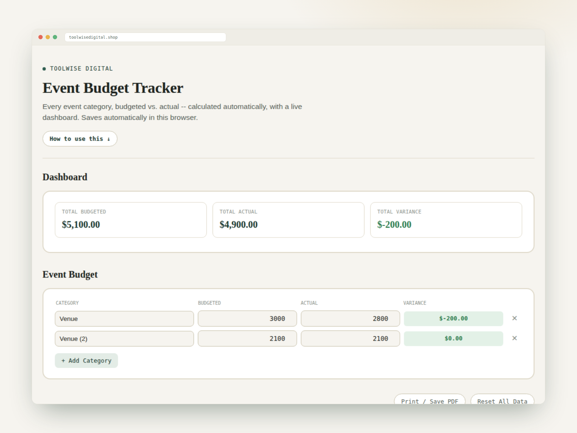 Event Budget Tracker — Google Sheets & Excel spreadsheet by ToolWise Digital — view 2