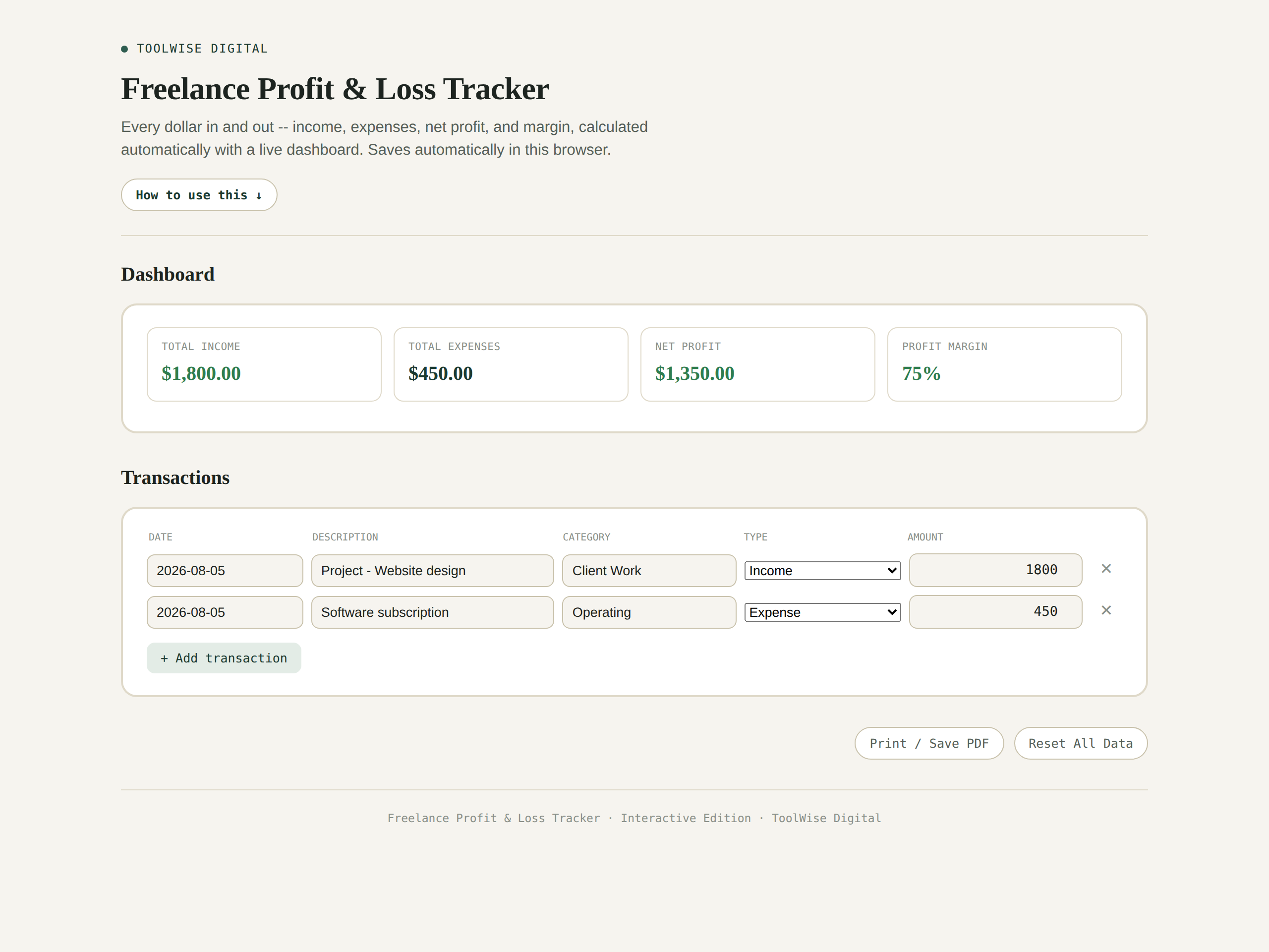 Freelance Profit & Loss Tracker