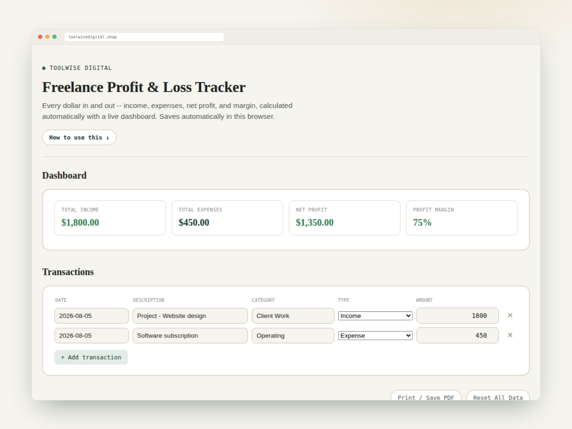 Freelance Profit & Loss Tracker — Google Sheets & Excel spreadsheet by ToolWise Digital — view 2