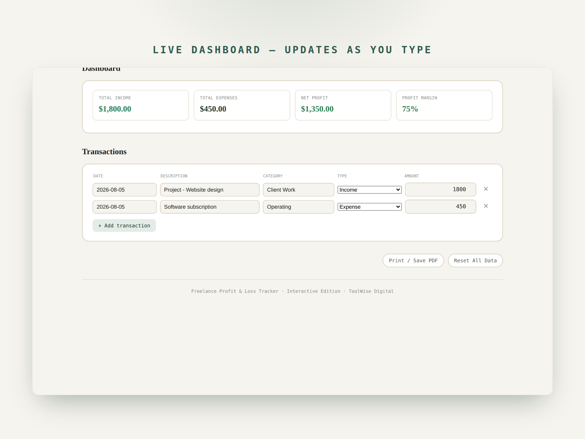 Freelance Profit & Loss Tracker — Google Sheets & Excel spreadsheet by ToolWise Digital — view 7