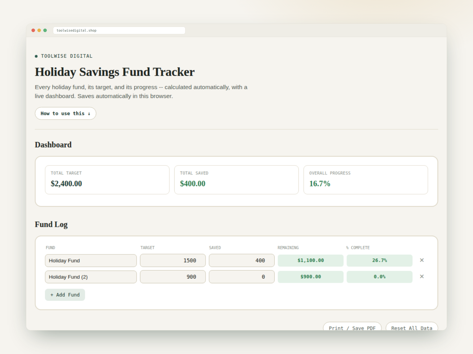 Holiday Savings Fund Tracker — Google Sheets & Excel spreadsheet by ToolWise Digital — view 2