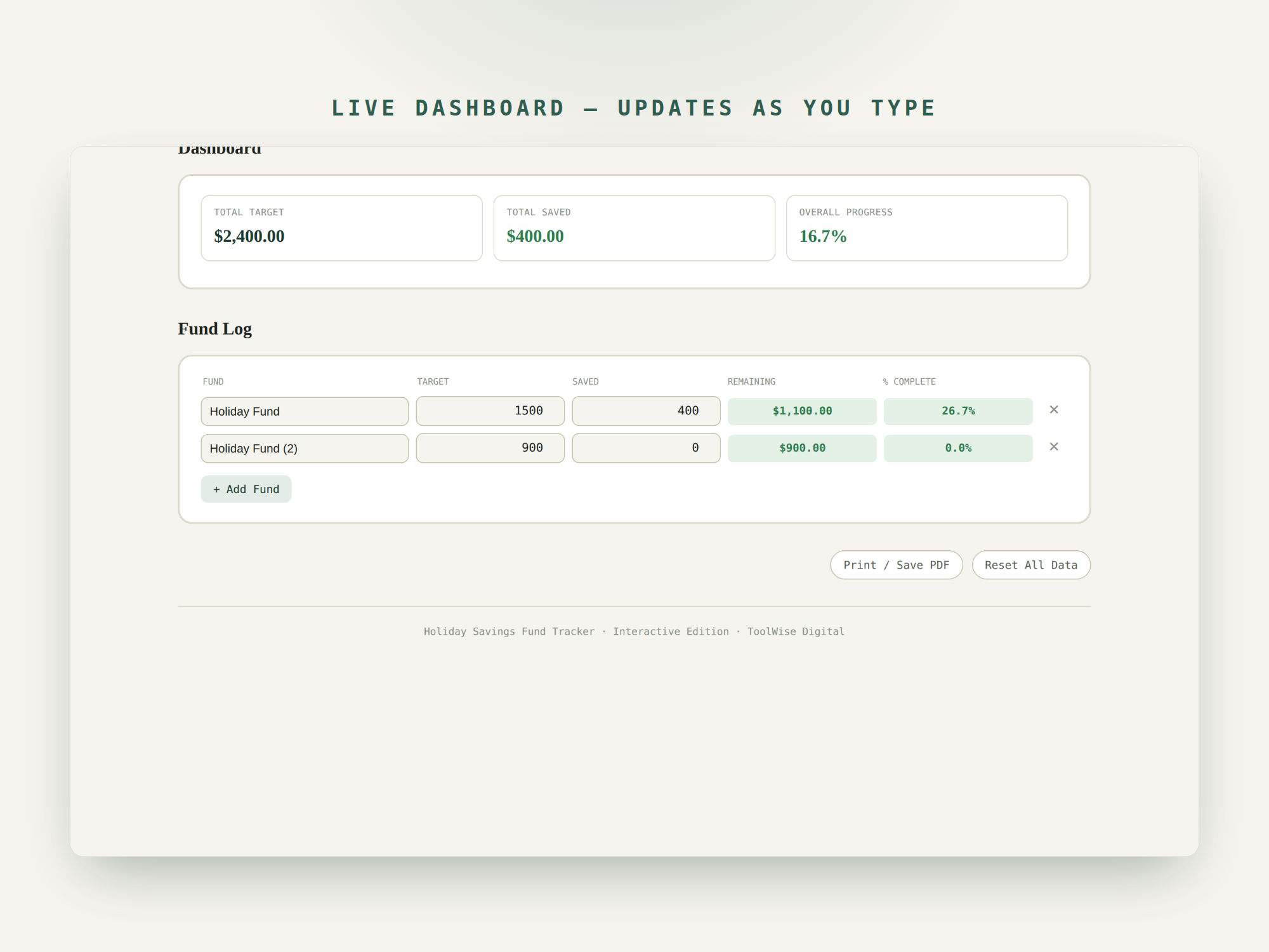 Holiday Savings Fund Tracker — Google Sheets & Excel spreadsheet by ToolWise Digital — view 7