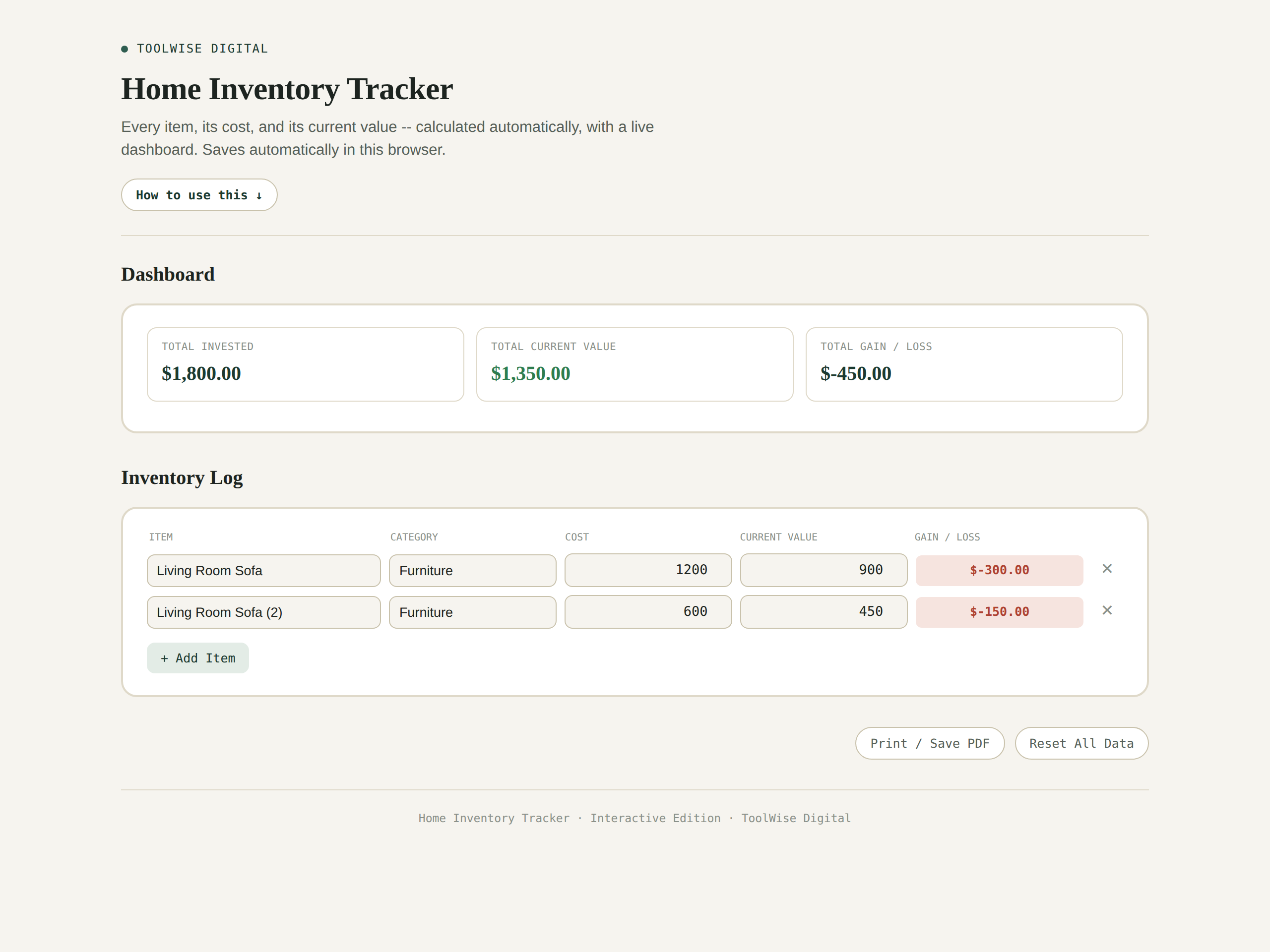 Home Inventory Tracker — Google Sheets & Excel spreadsheet by ToolWise Digital