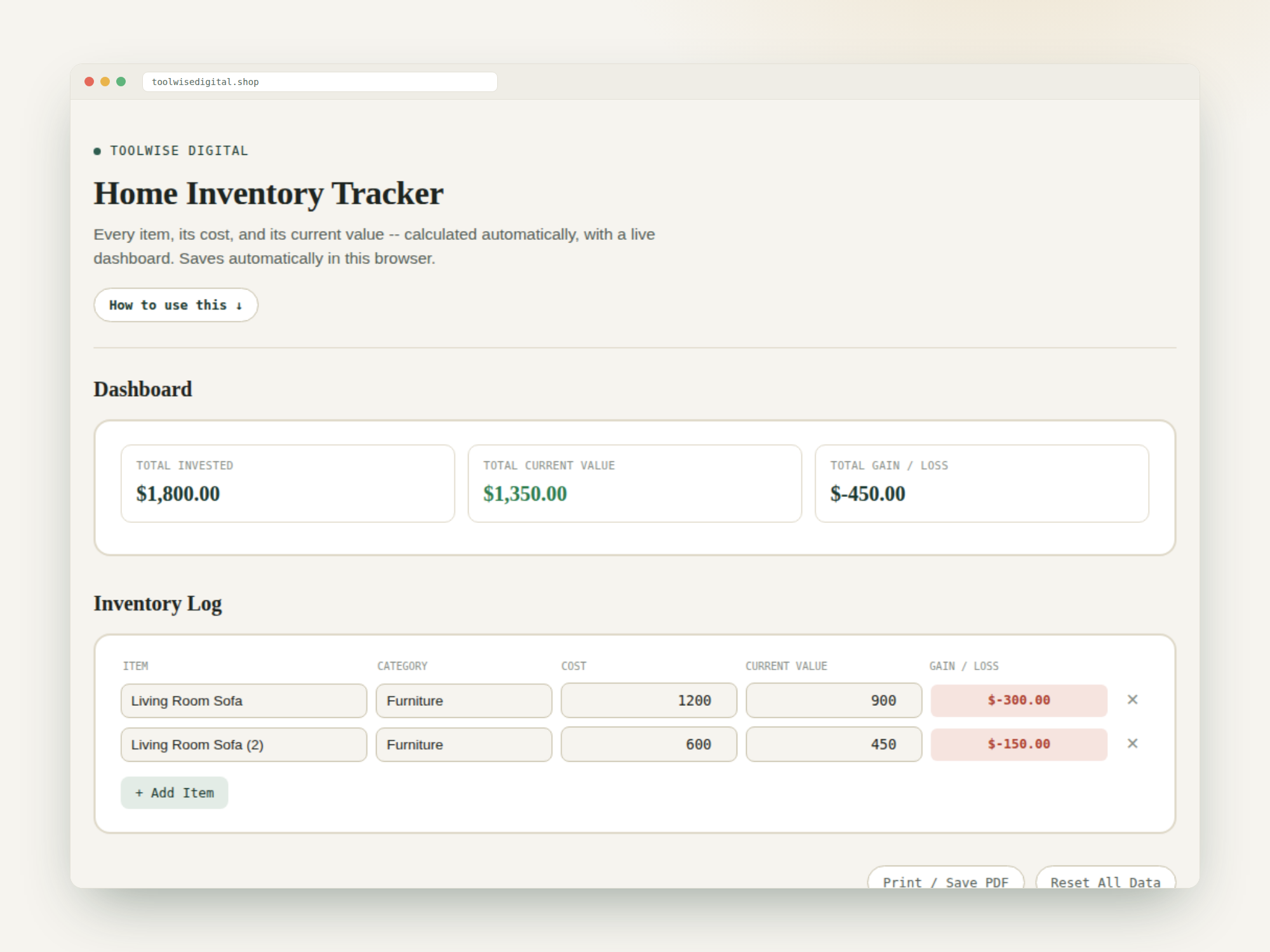 Home Inventory Tracker — Google Sheets & Excel spreadsheet by ToolWise Digital — view 2