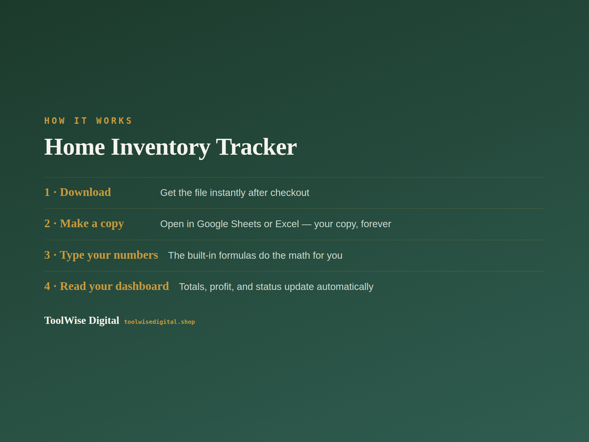 Home Inventory Tracker — Google Sheets & Excel spreadsheet by ToolWise Digital — view 5