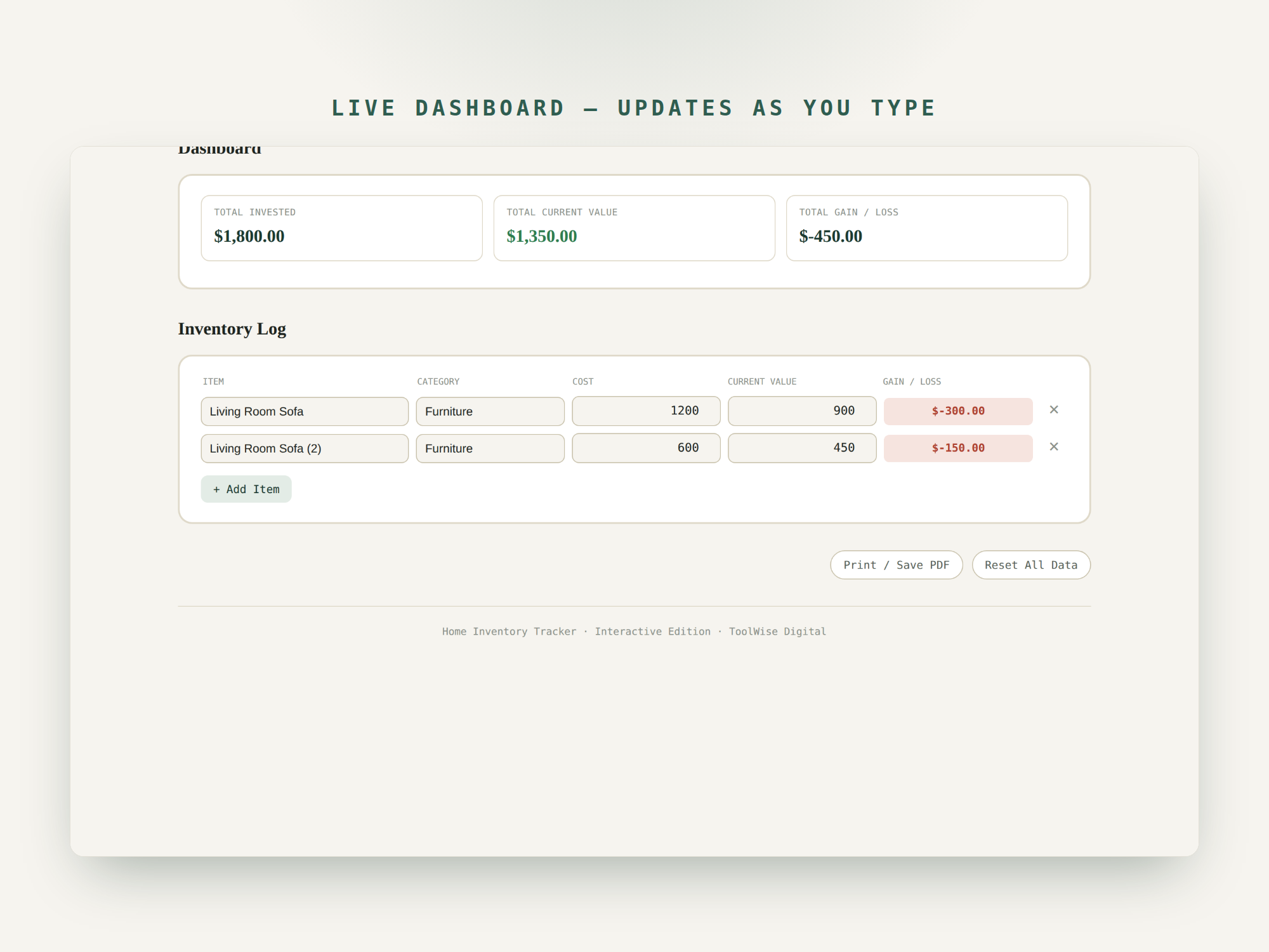 Home Inventory Tracker — Google Sheets & Excel spreadsheet by ToolWise Digital — view 7