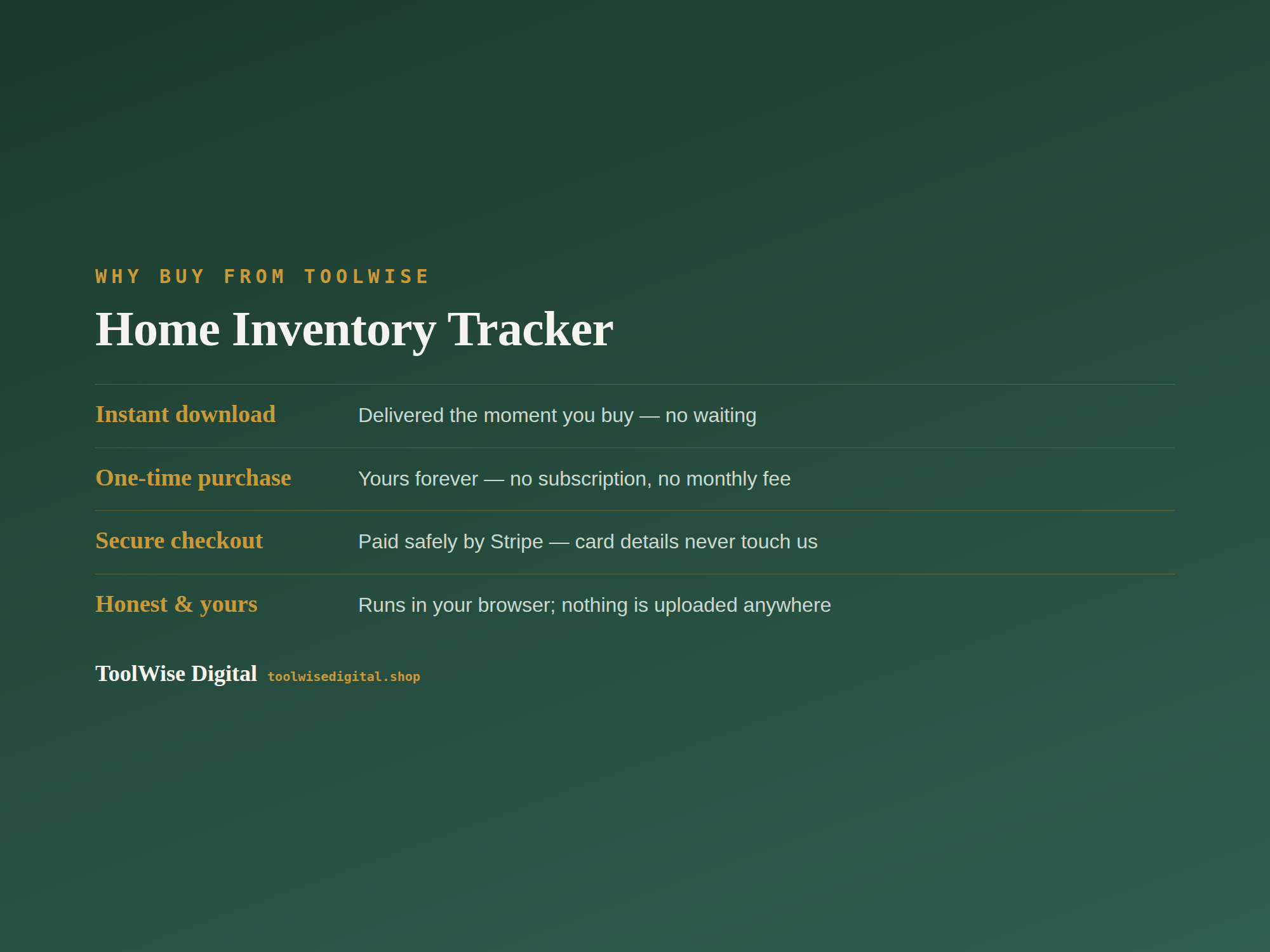 Home Inventory Tracker — Google Sheets & Excel spreadsheet by ToolWise Digital — view 8