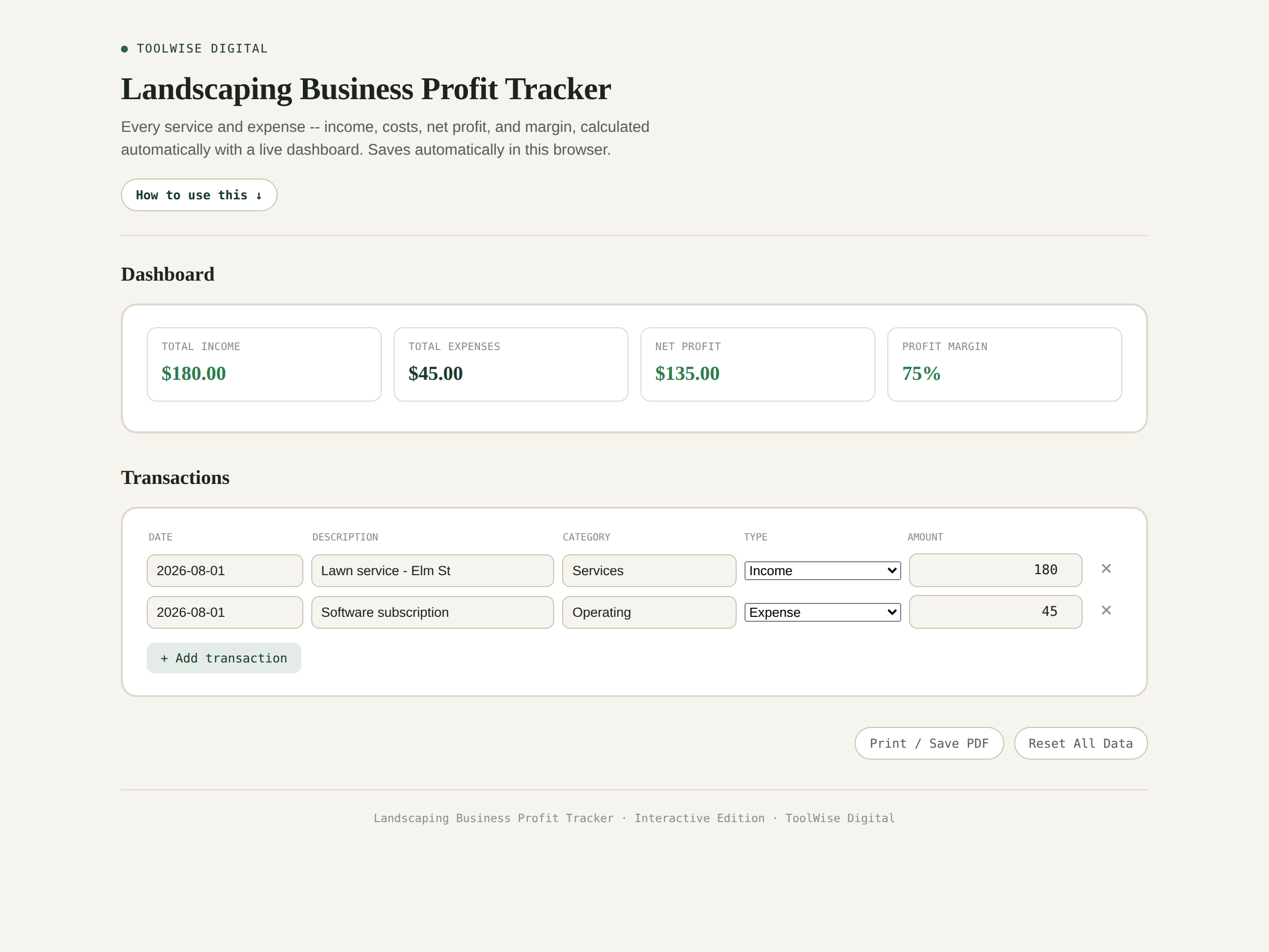 Landscaping Business Profit & Loss Tracker