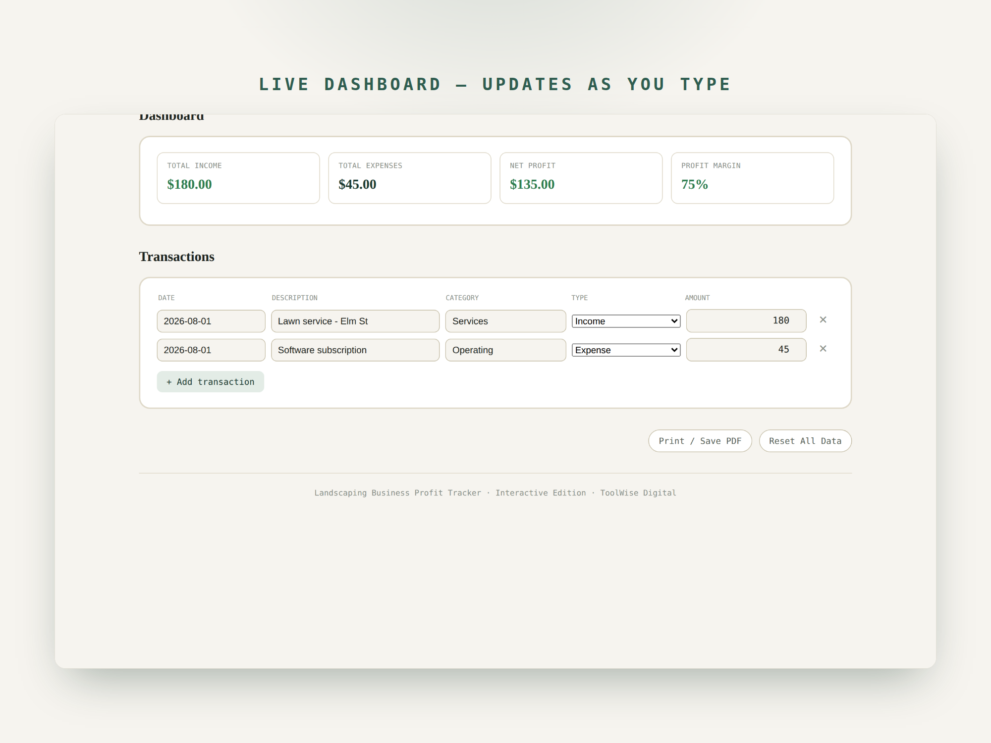 Landscaping Business Profit & Loss Tracker — Google Sheets & Excel spreadsheet by ToolWise Digital — view 7