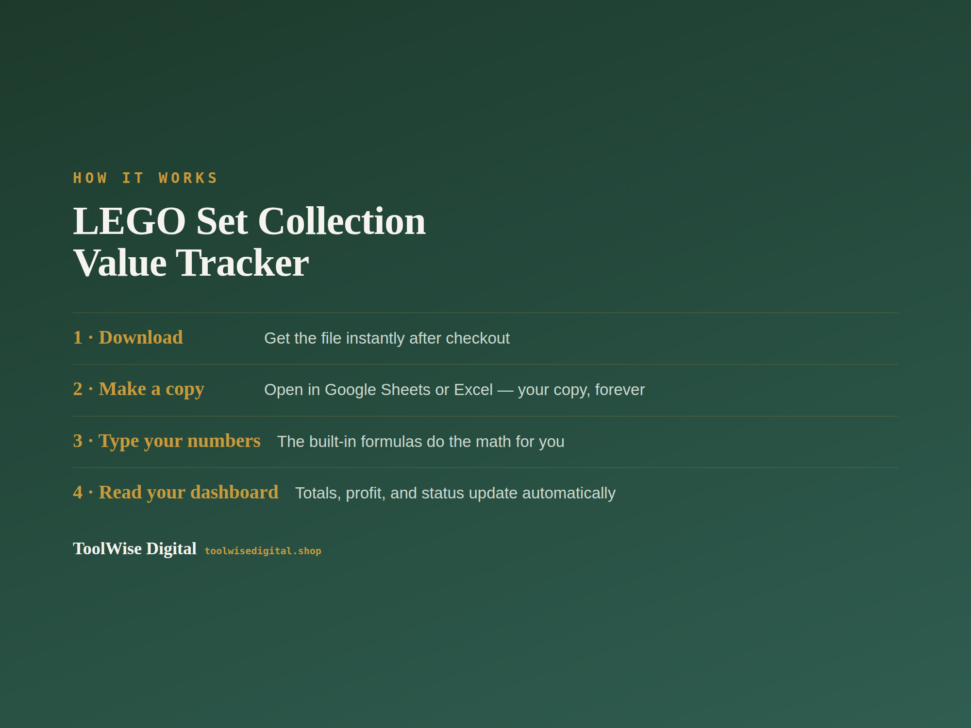LEGO Collection Value Tracker — Google Sheets & Excel spreadsheet by ToolWise Digital — view 5