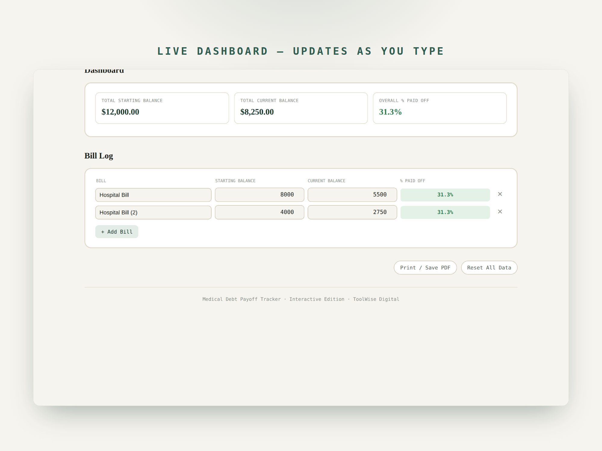 Medical Debt Payoff Tracker — Google Sheets & Excel spreadsheet by ToolWise Digital — view 7