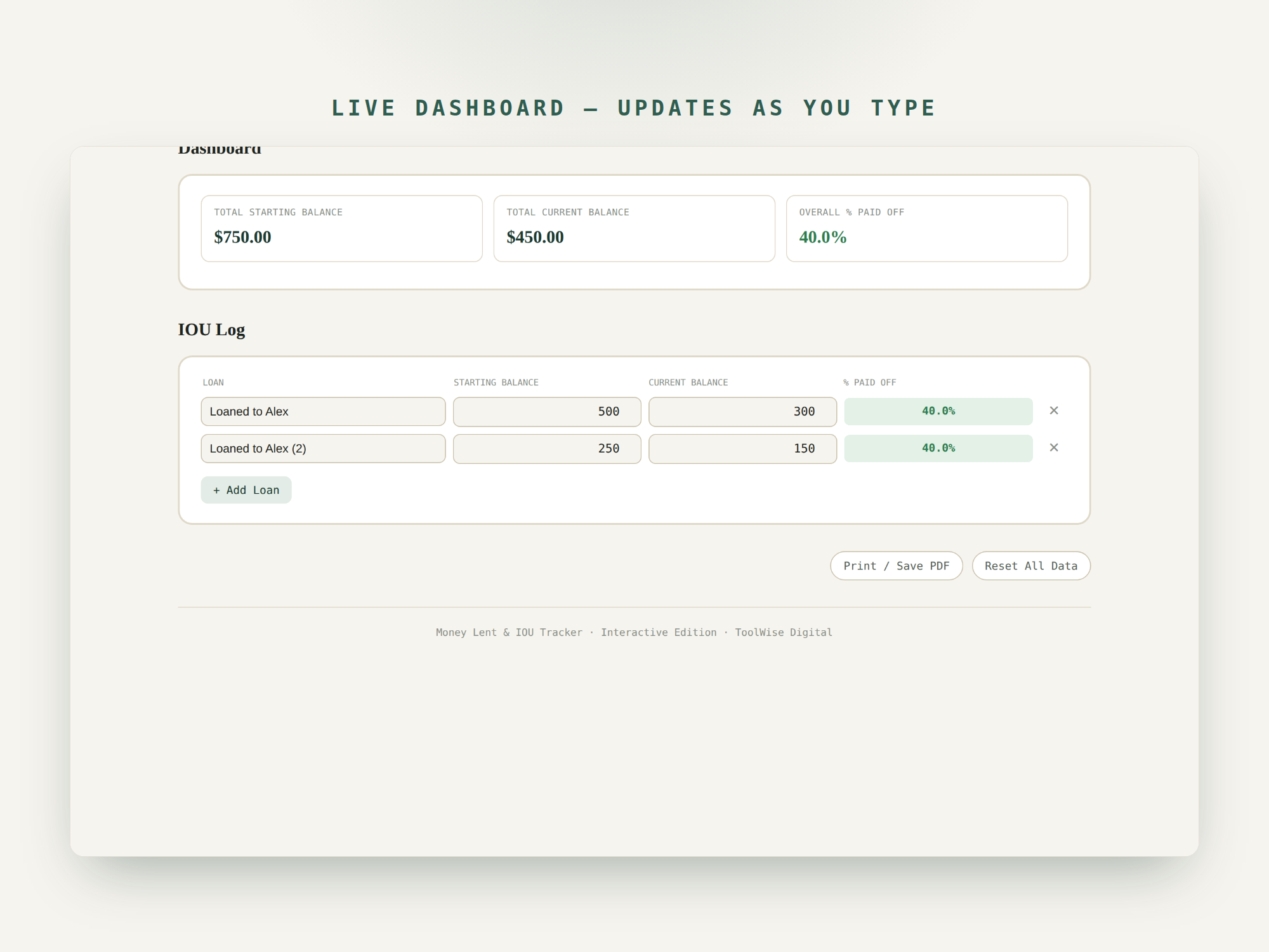 Money Lent & IOU Tracker — Google Sheets & Excel spreadsheet by ToolWise Digital — view 7