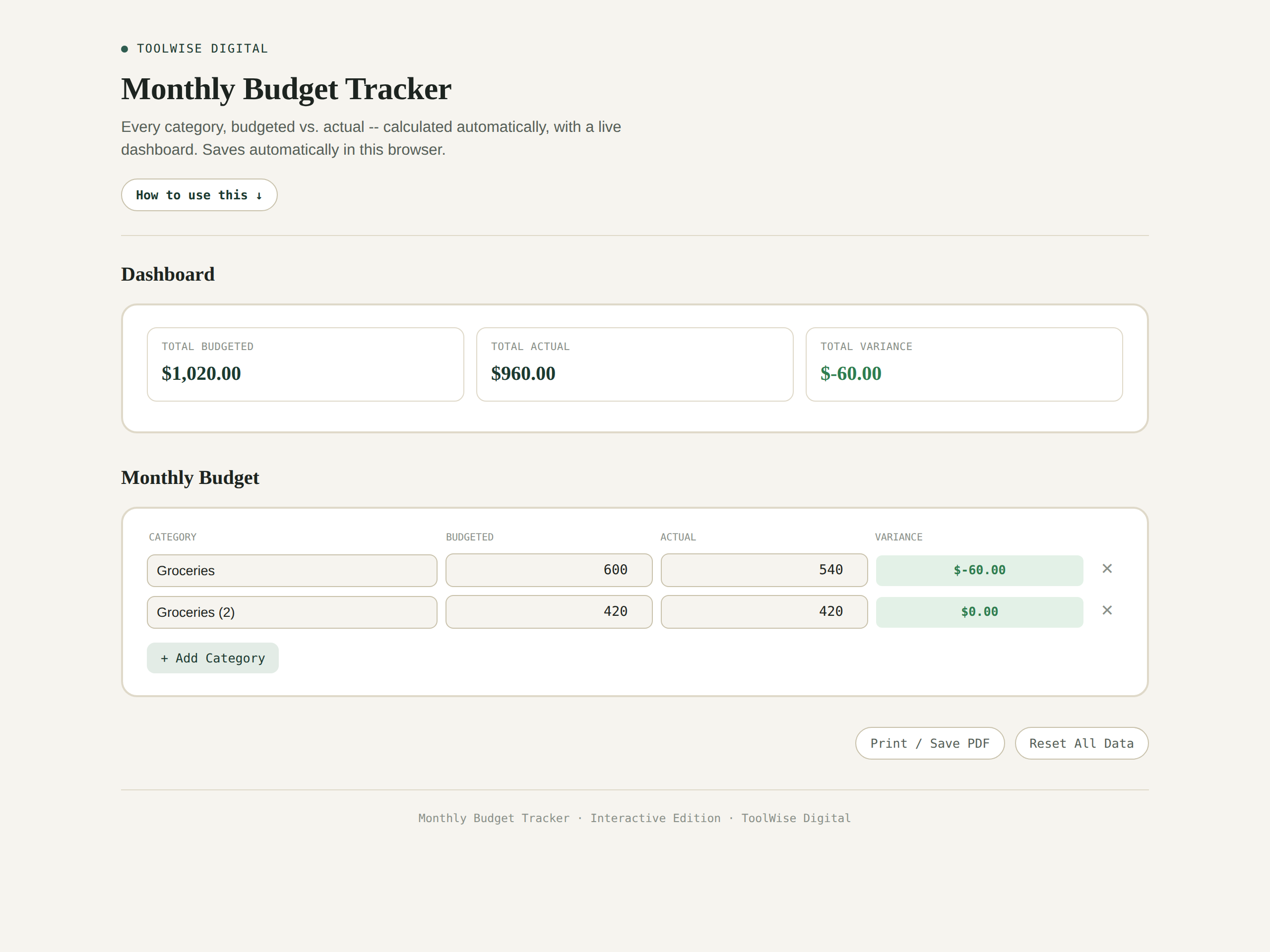 Monthly Budget Tracker
