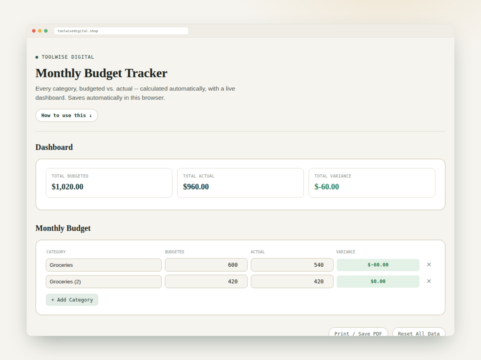 Monthly Budget Tracker — Google Sheets & Excel spreadsheet by ToolWise Digital — view 2