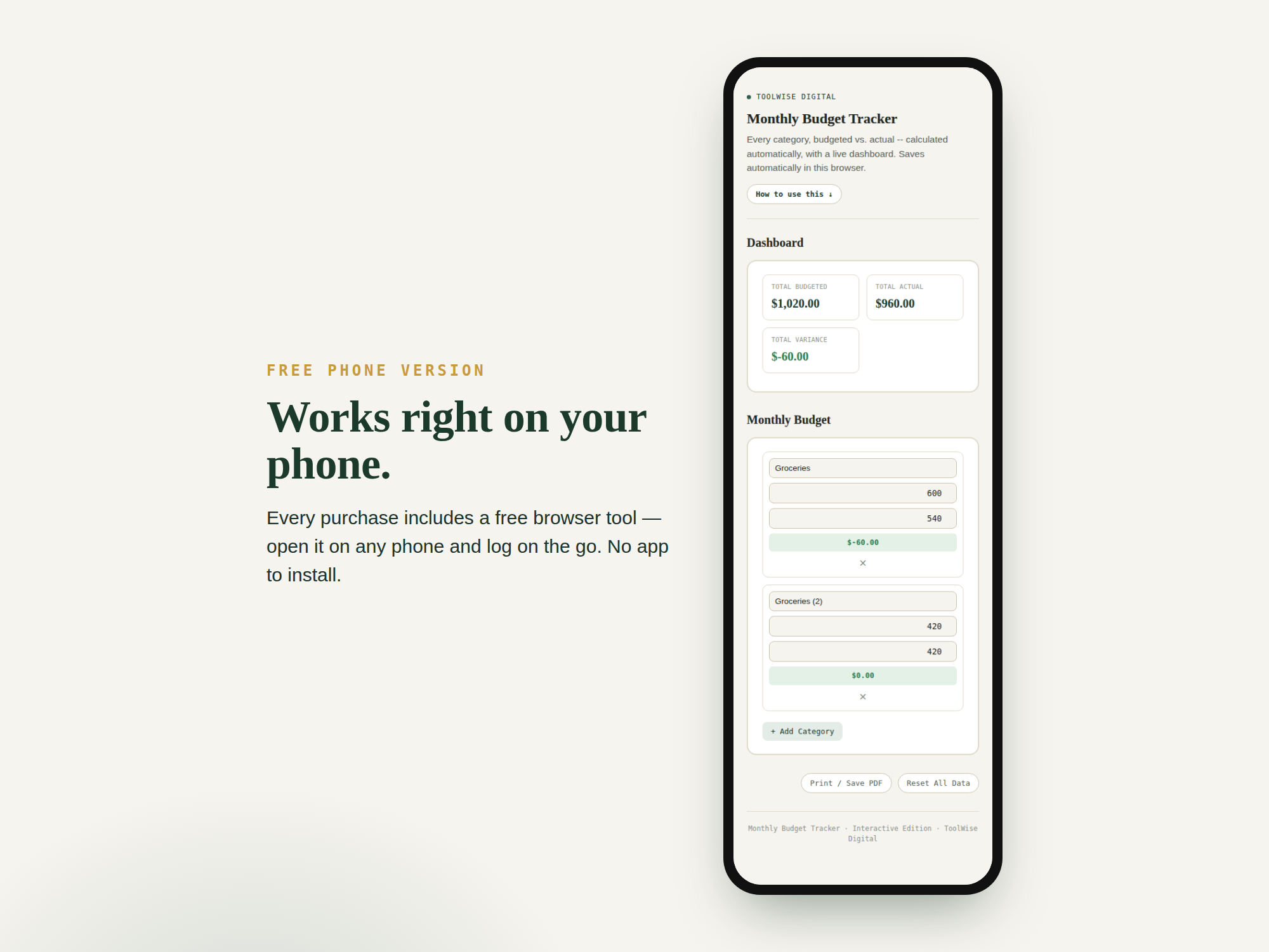 Monthly Budget Tracker — Google Sheets & Excel spreadsheet by ToolWise Digital — view 3