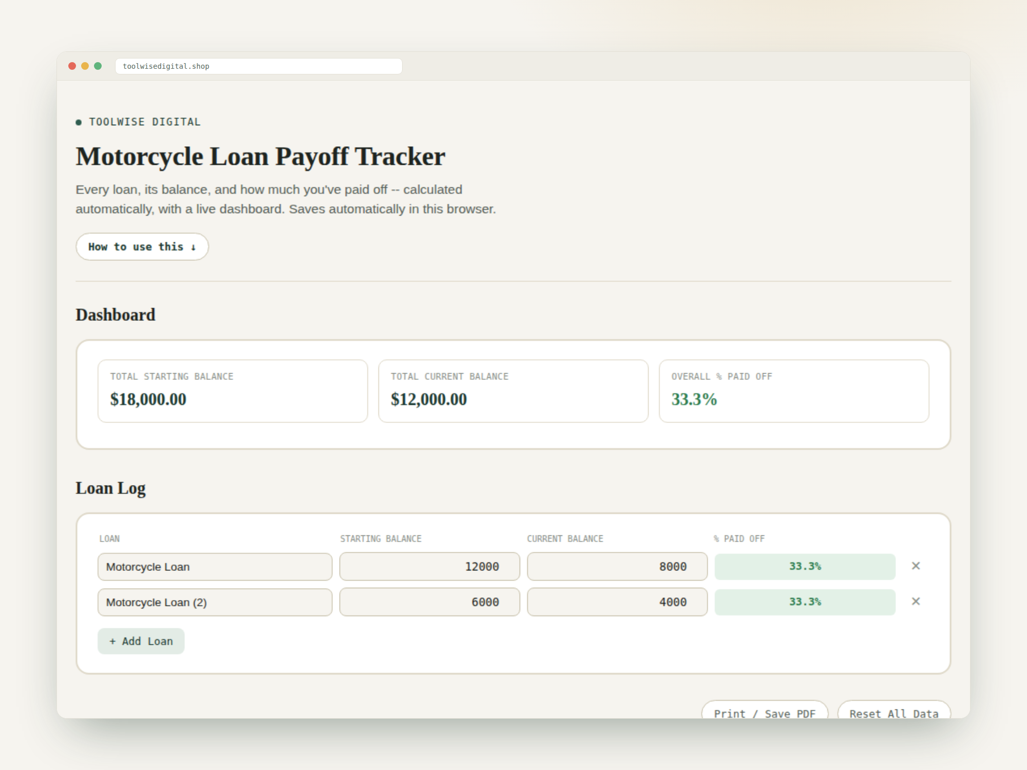 Motorcycle Loan Payoff Tracker — Google Sheets & Excel spreadsheet by ToolWise Digital — view 2