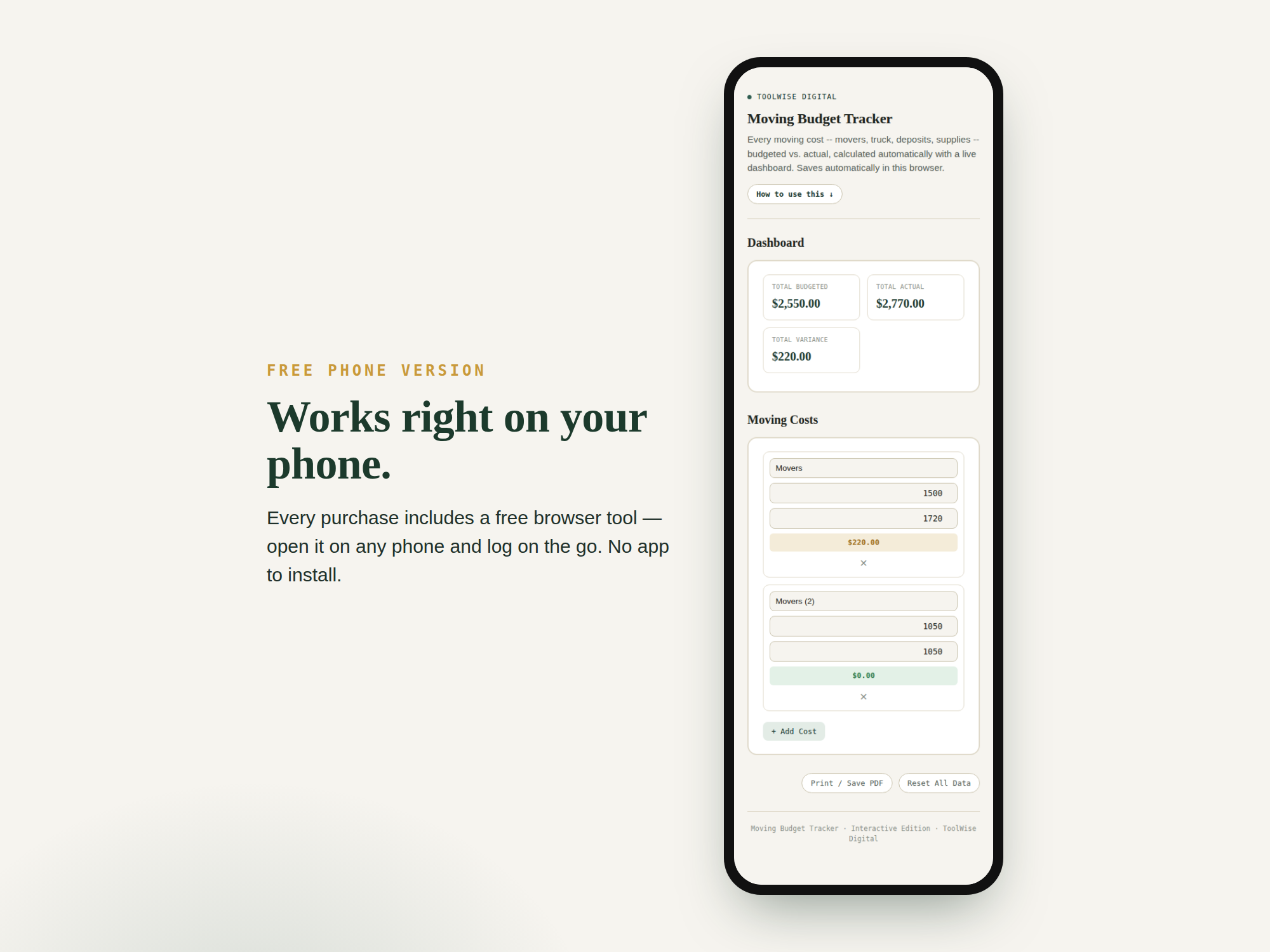 Moving Budget Tracker — Google Sheets & Excel spreadsheet by ToolWise Digital — view 3