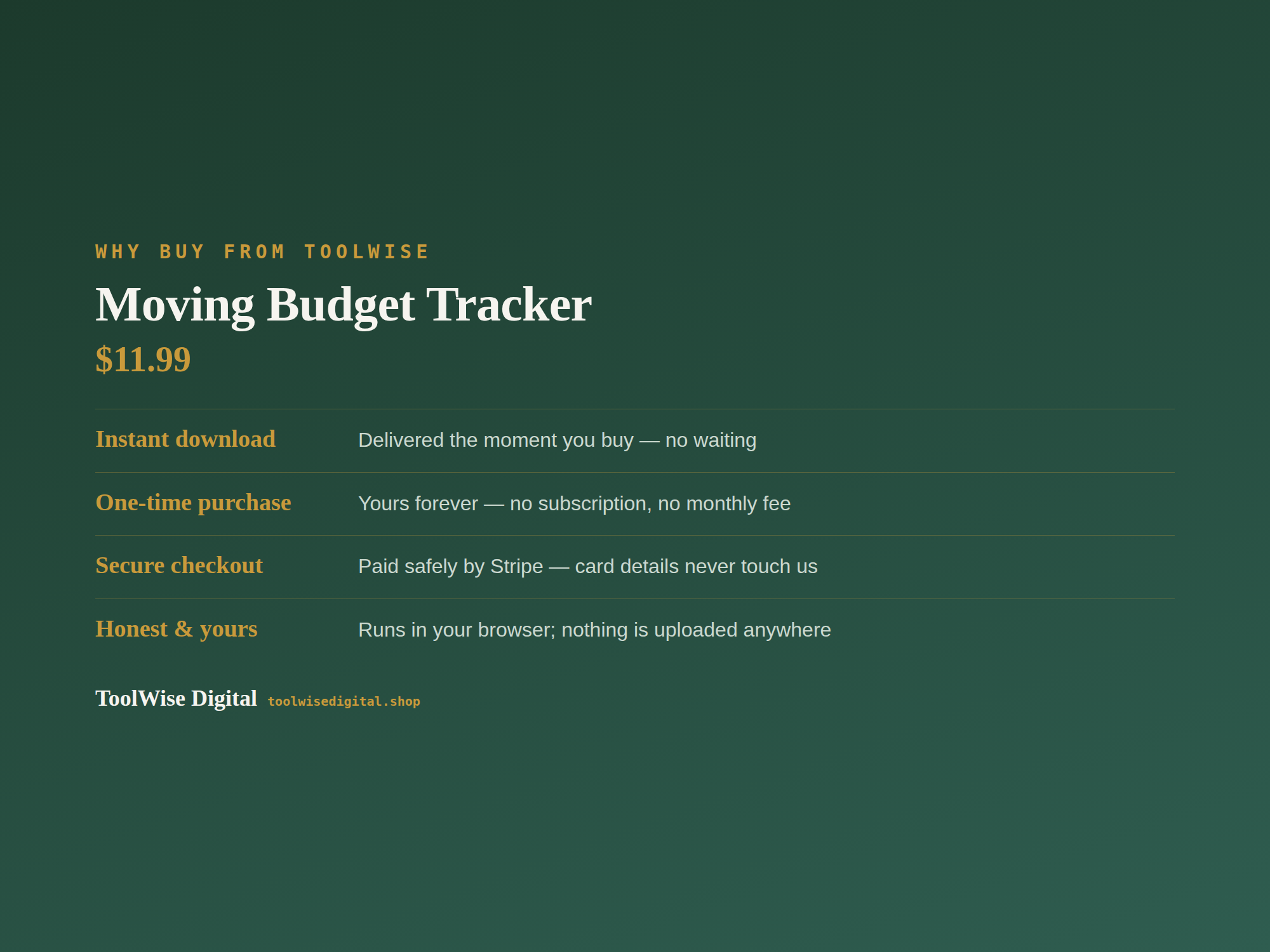 Moving Budget Tracker — Google Sheets & Excel spreadsheet by ToolWise Digital — view 8