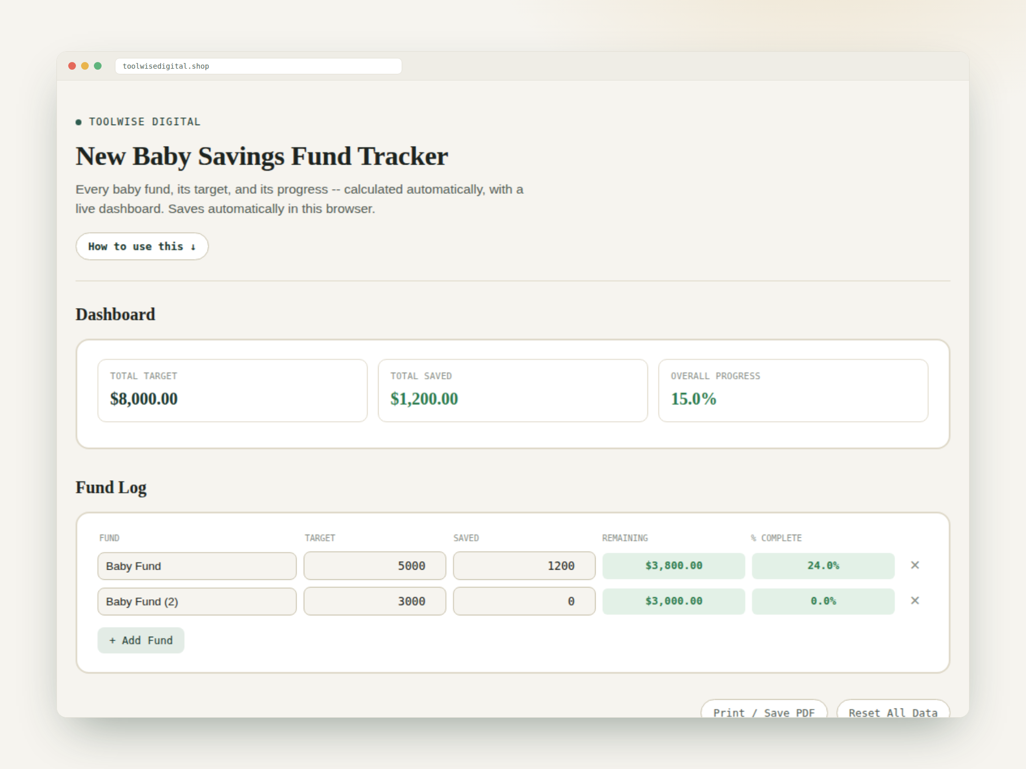 New Baby Savings Fund Tracker — Google Sheets & Excel spreadsheet by ToolWise Digital — view 2