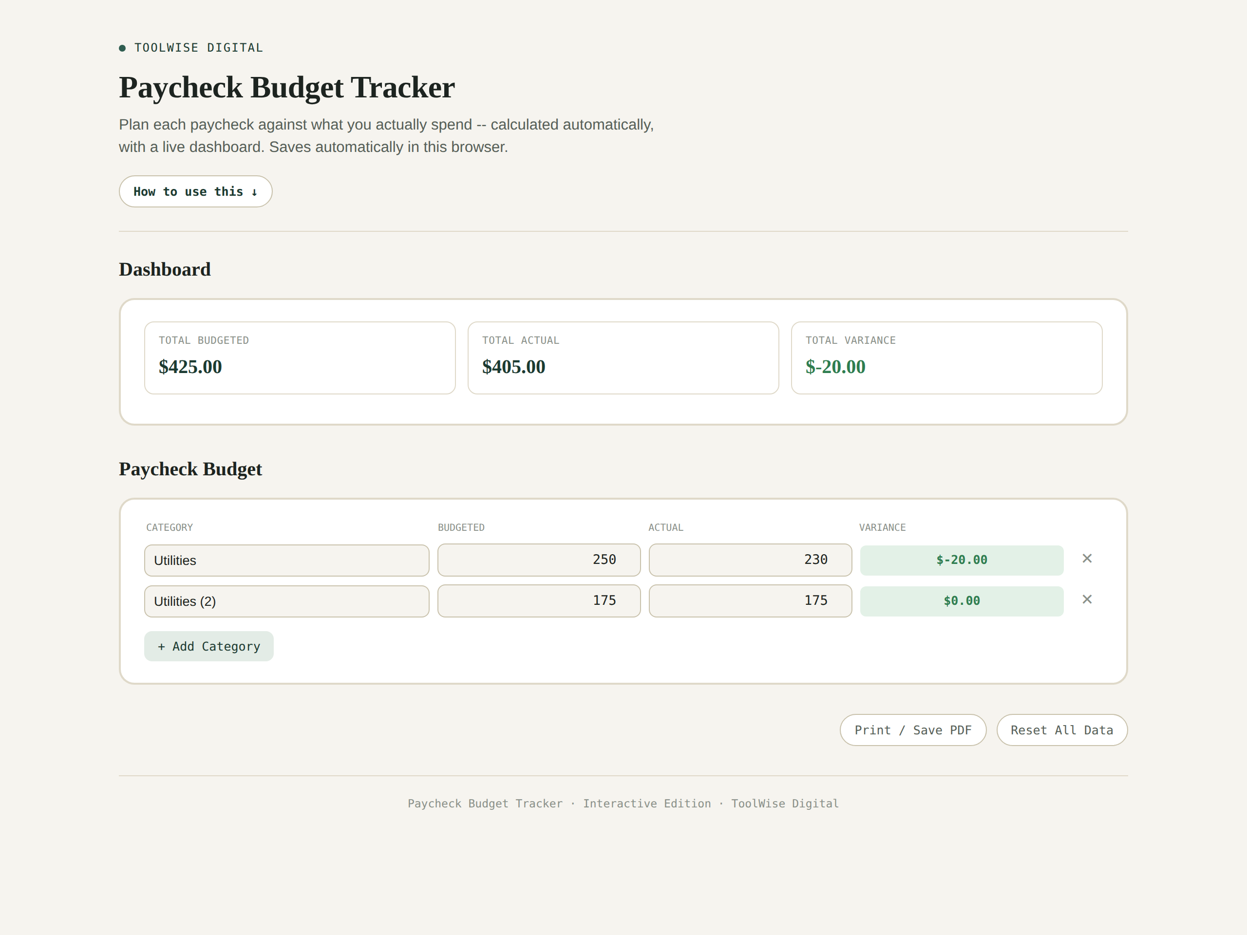 Paycheck Budget Tracker