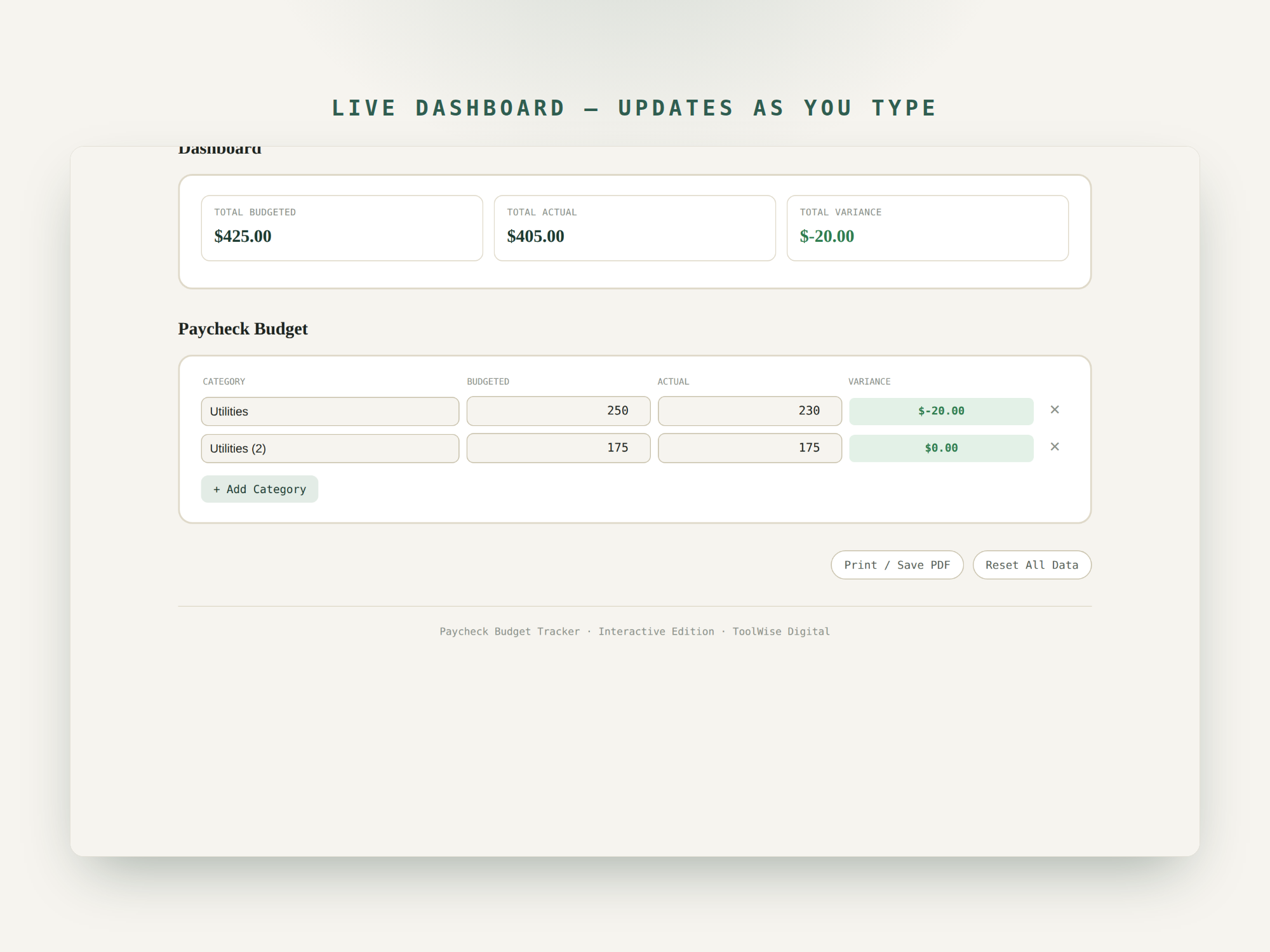 Paycheck Budget Tracker — Google Sheets & Excel spreadsheet by ToolWise Digital — view 7