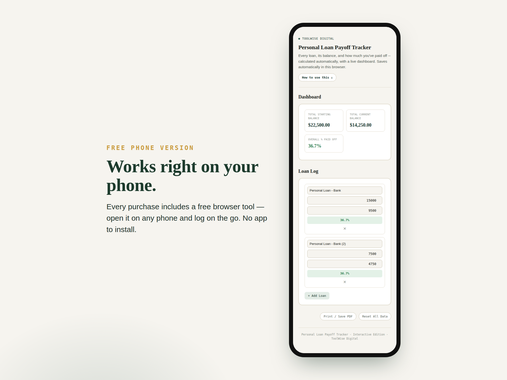 Personal Loan Payoff Tracker — Google Sheets & Excel spreadsheet by ToolWise Digital — view 3