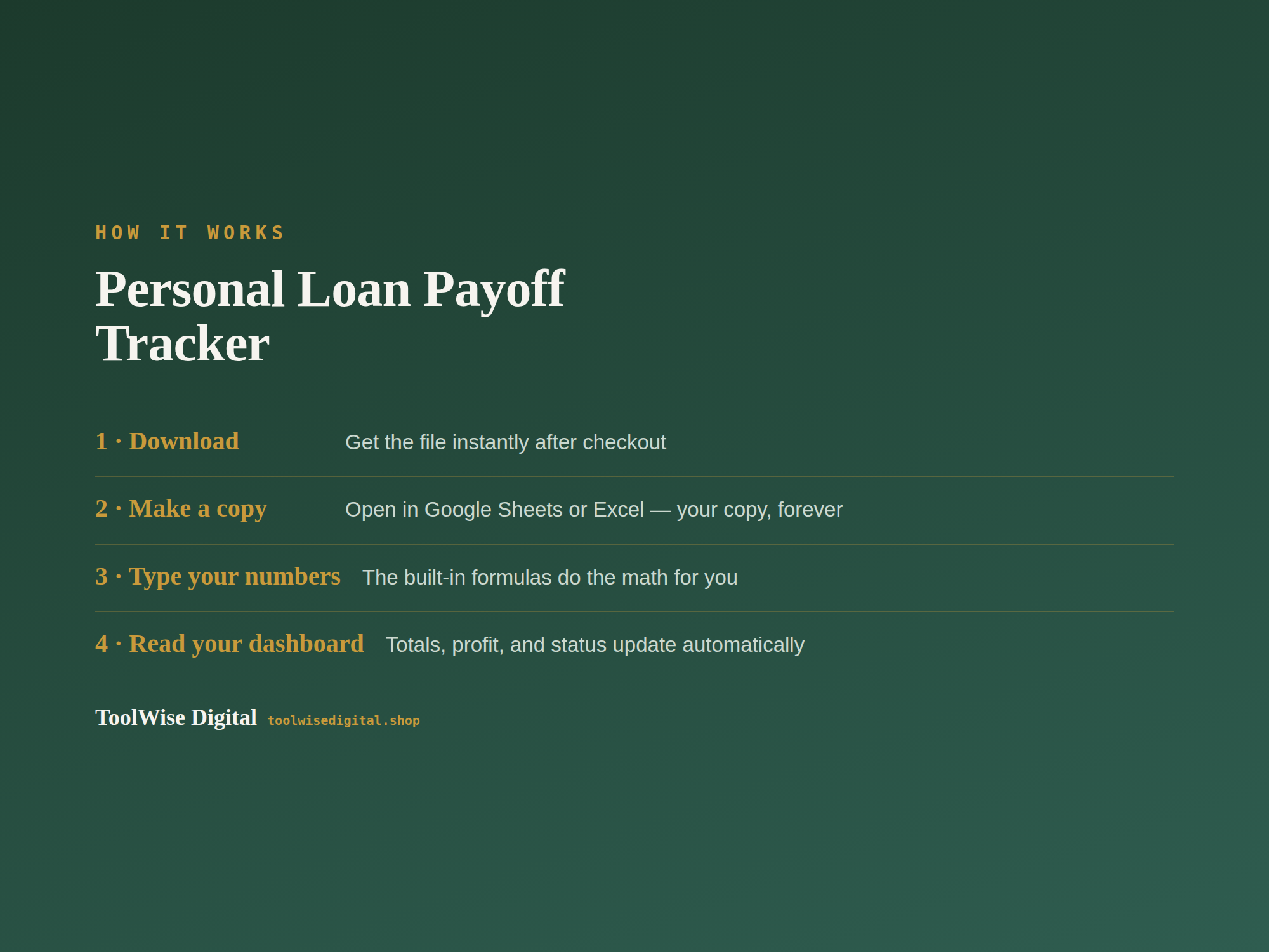 Personal Loan Payoff Tracker — Google Sheets & Excel spreadsheet by ToolWise Digital — view 5