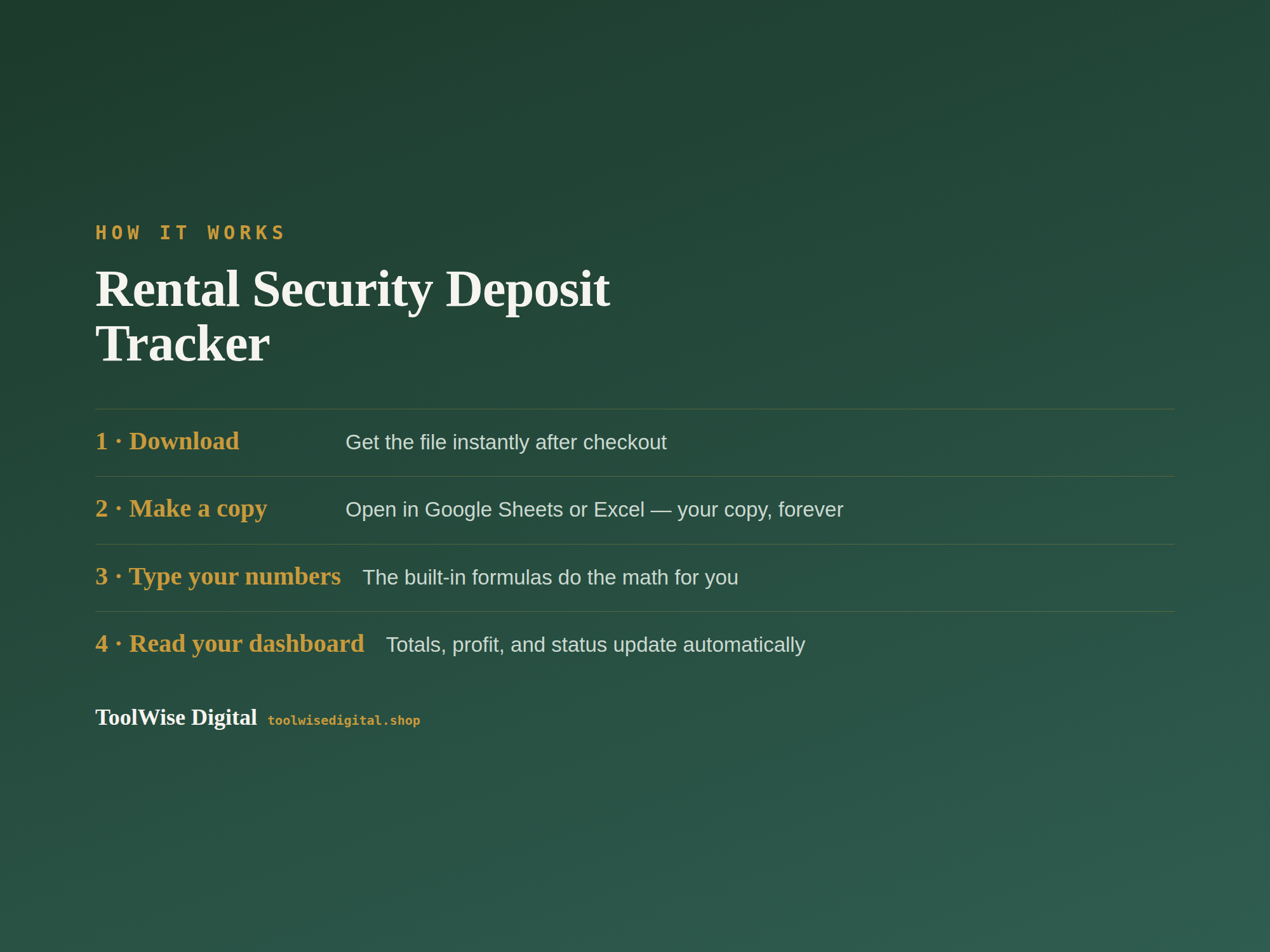 Rental Security Deposit Tracker — Google Sheets & Excel spreadsheet by ToolWise Digital — view 5