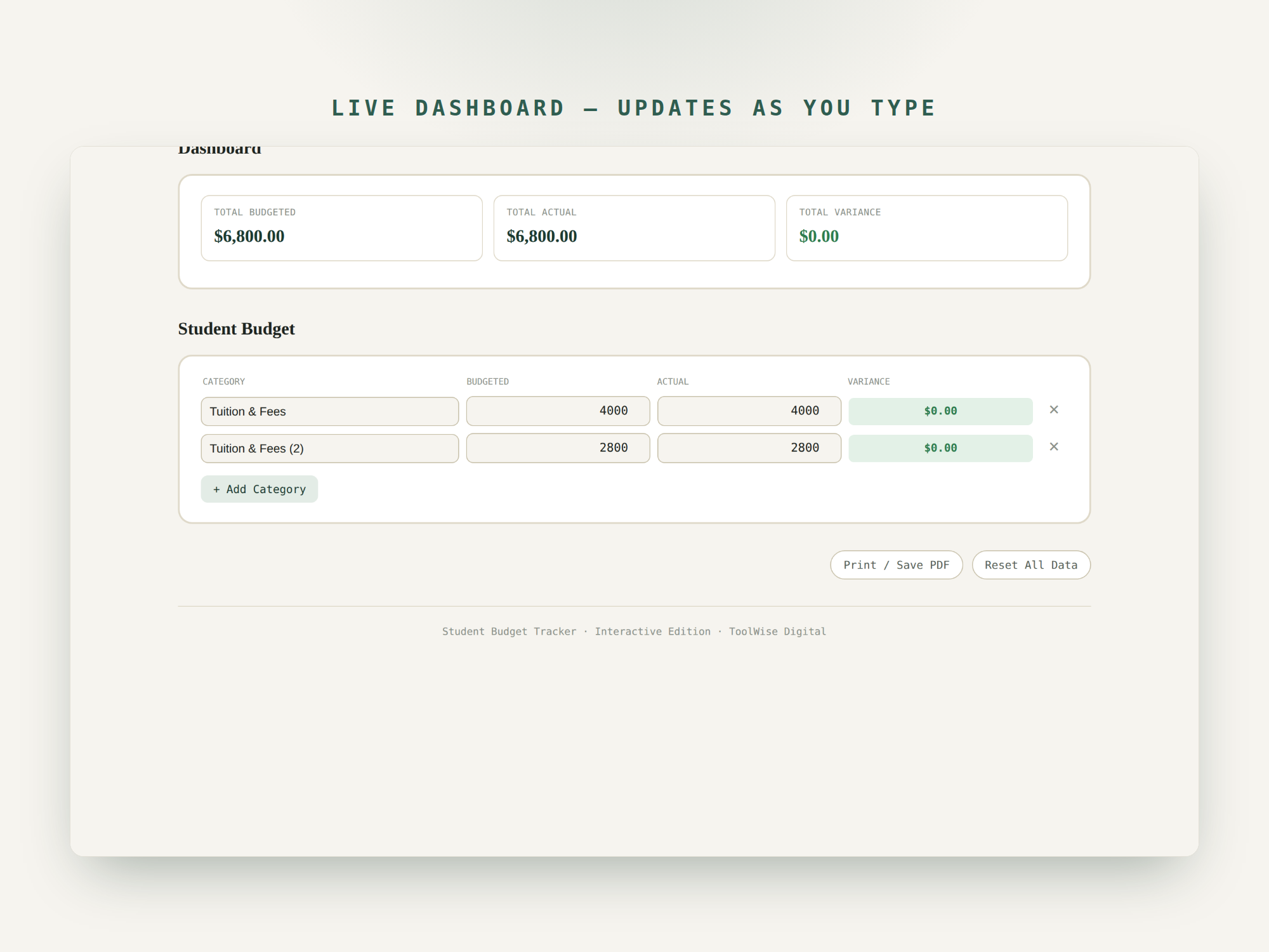 Student Budget Tracker — Google Sheets & Excel spreadsheet by ToolWise Digital — view 7