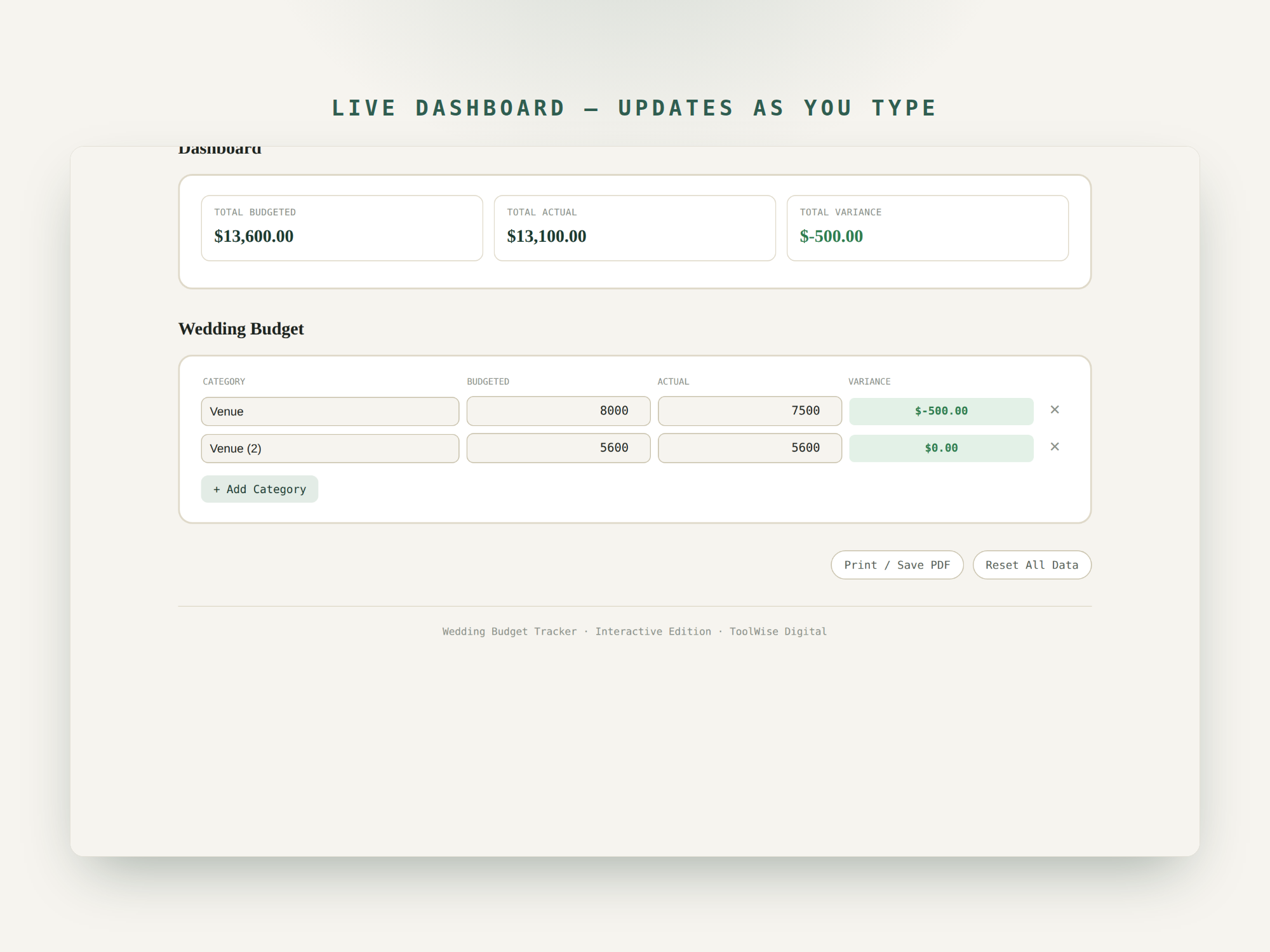 Wedding Budget Tracker — Google Sheets & Excel spreadsheet by ToolWise Digital — view 7