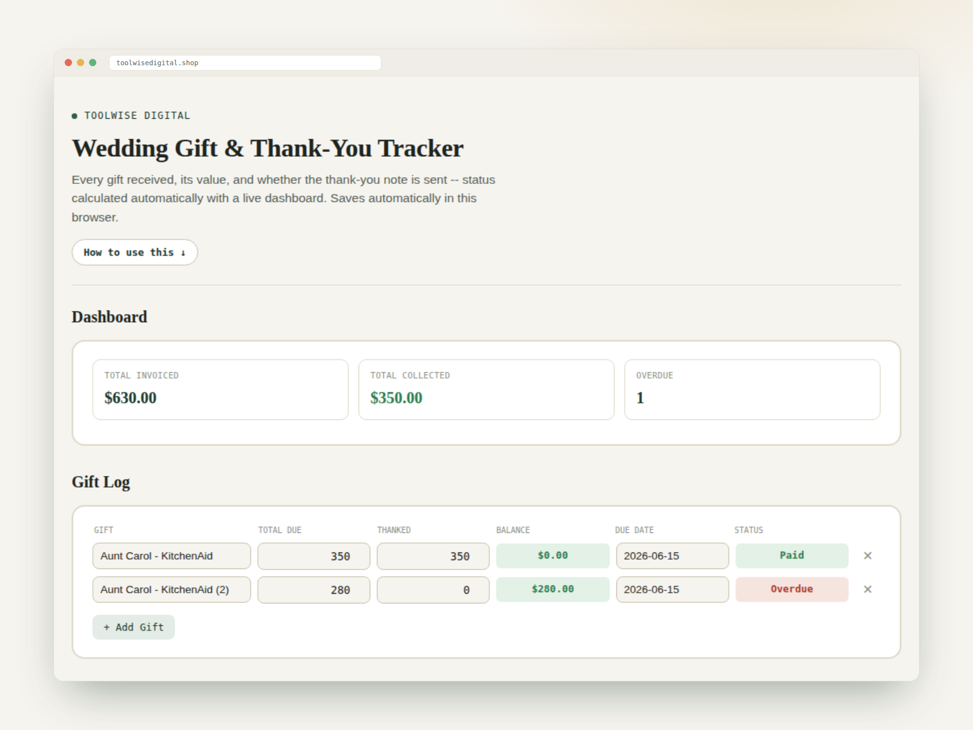 Wedding Gift & Thank-You Tracker — Google Sheets & Excel spreadsheet by ToolWise Digital — view 2