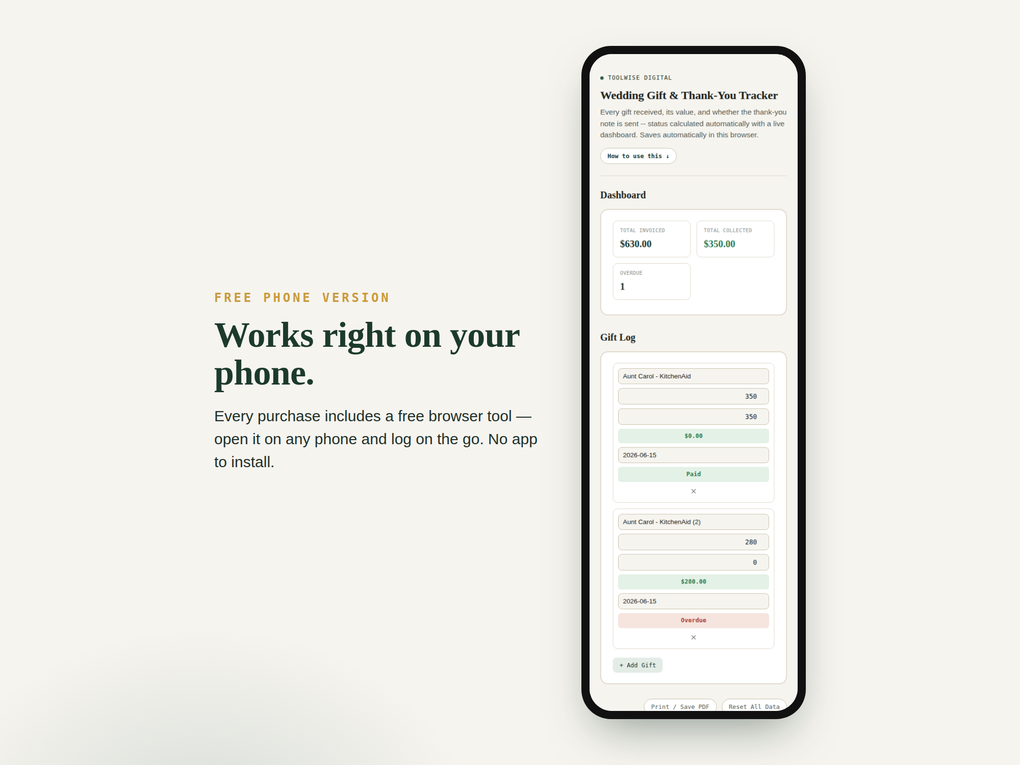 Wedding Gift & Thank-You Tracker — Google Sheets & Excel spreadsheet by ToolWise Digital — view 3