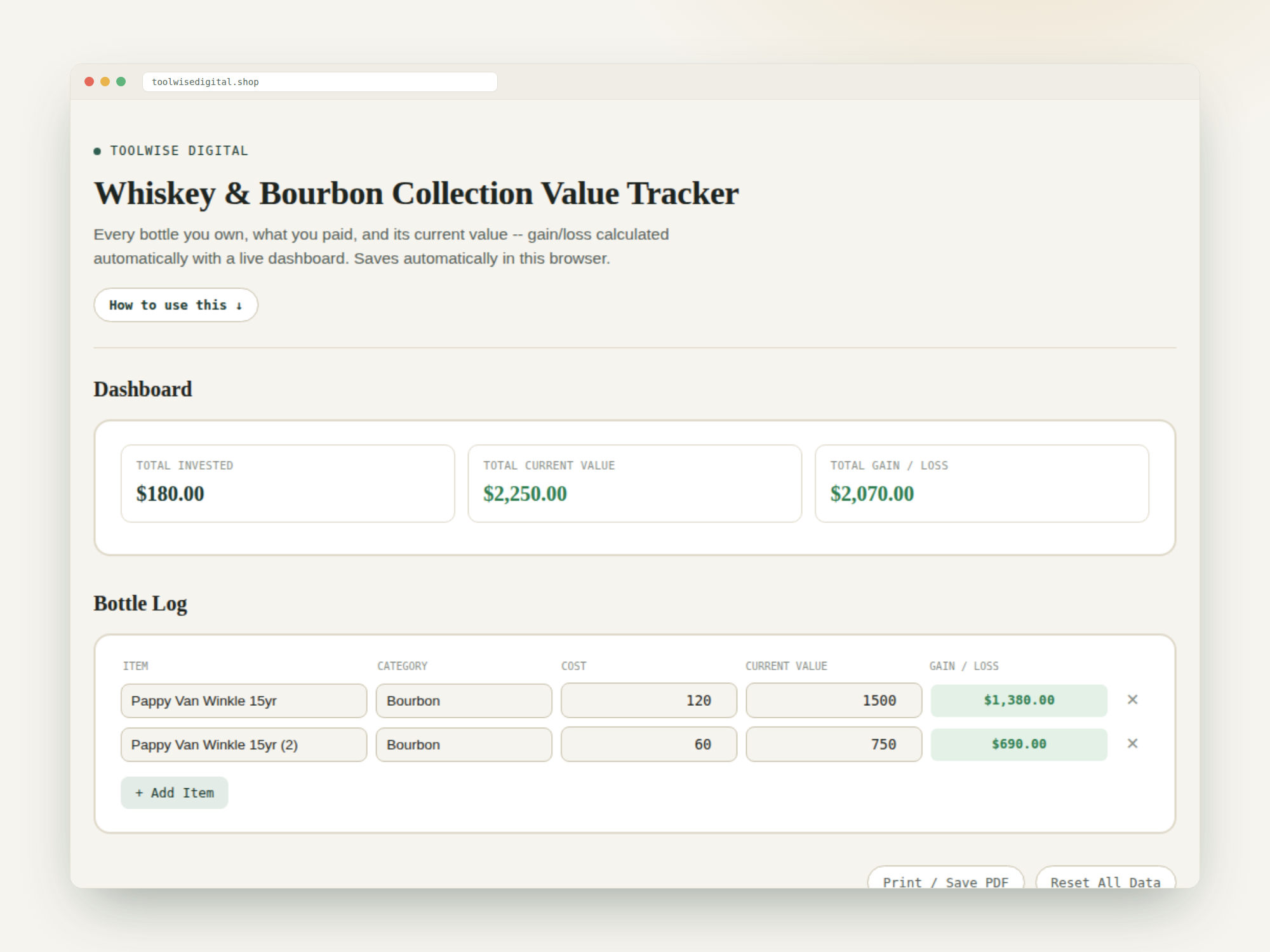 Whiskey & Bourbon Collection Value Tracker — Google Sheets & Excel spreadsheet by ToolWise Digital — view 2